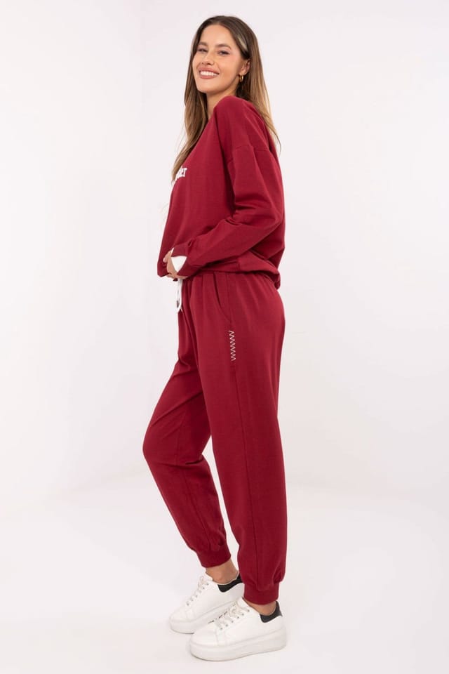 Love Lace Love Lace Women's Embroidered Cotton Tracksuit Set with Pockets in Burgundy - 2