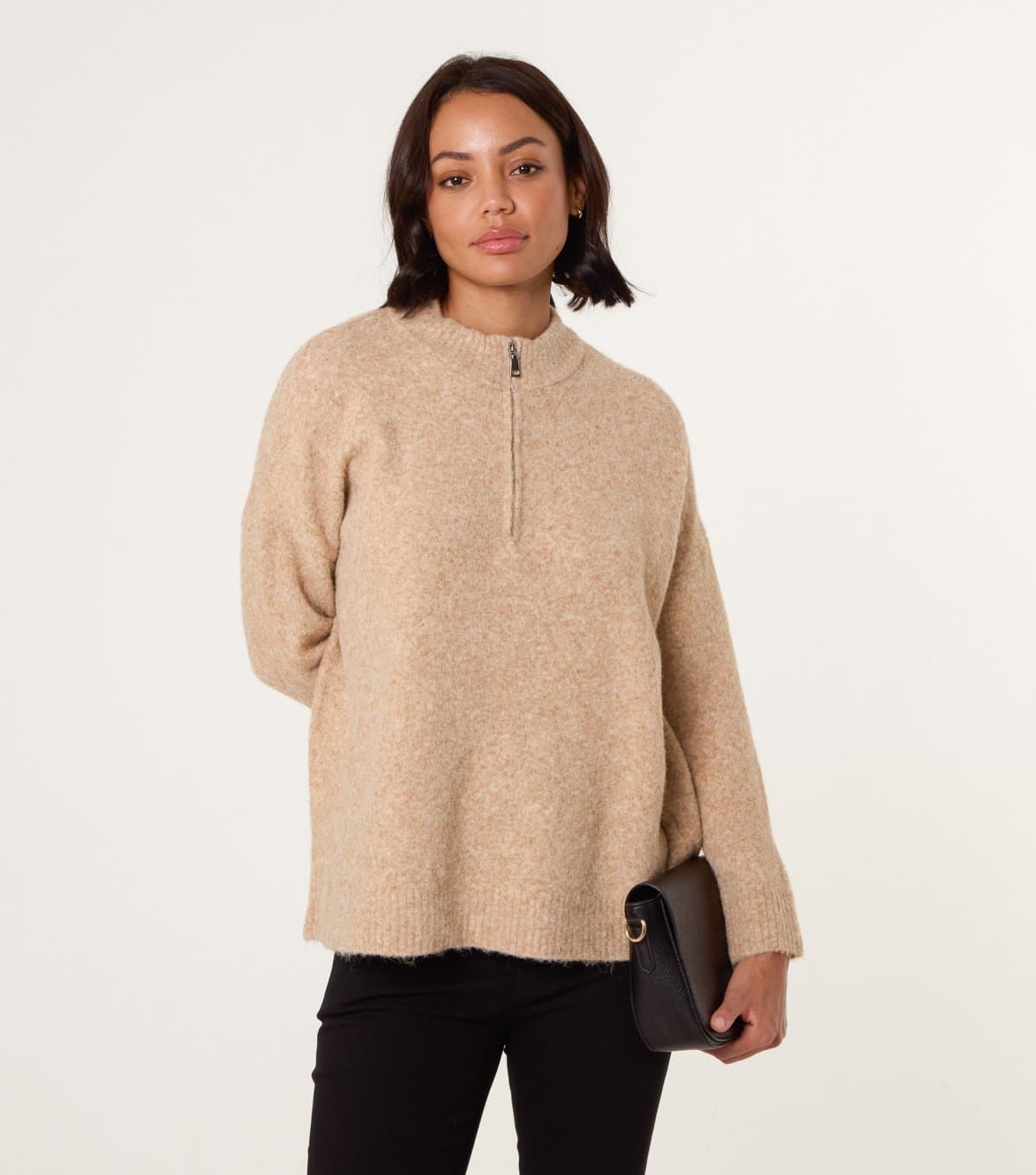 Blue Vanilla Women's Brown Half Zip Jumper Blue Vanilla New Look