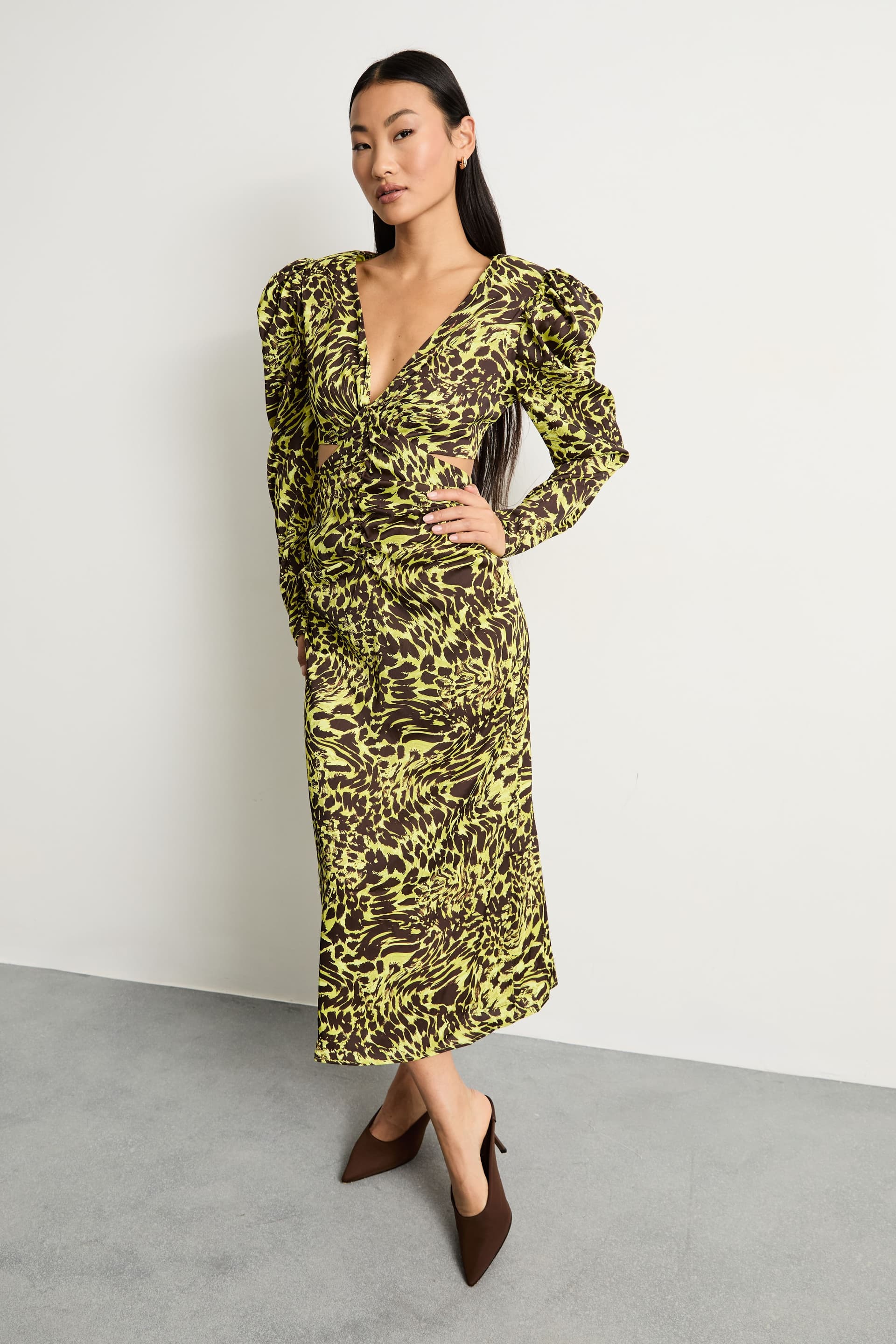 Warehouse Warehouse Women's Petite Satin Cut Out Waist Plunge Neck Midi Dress in Lime