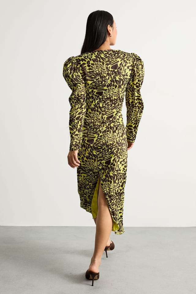 Warehouse Warehouse Women's Petite Satin Cut Out Waist Plunge Neck Midi Dress in Lime - 3