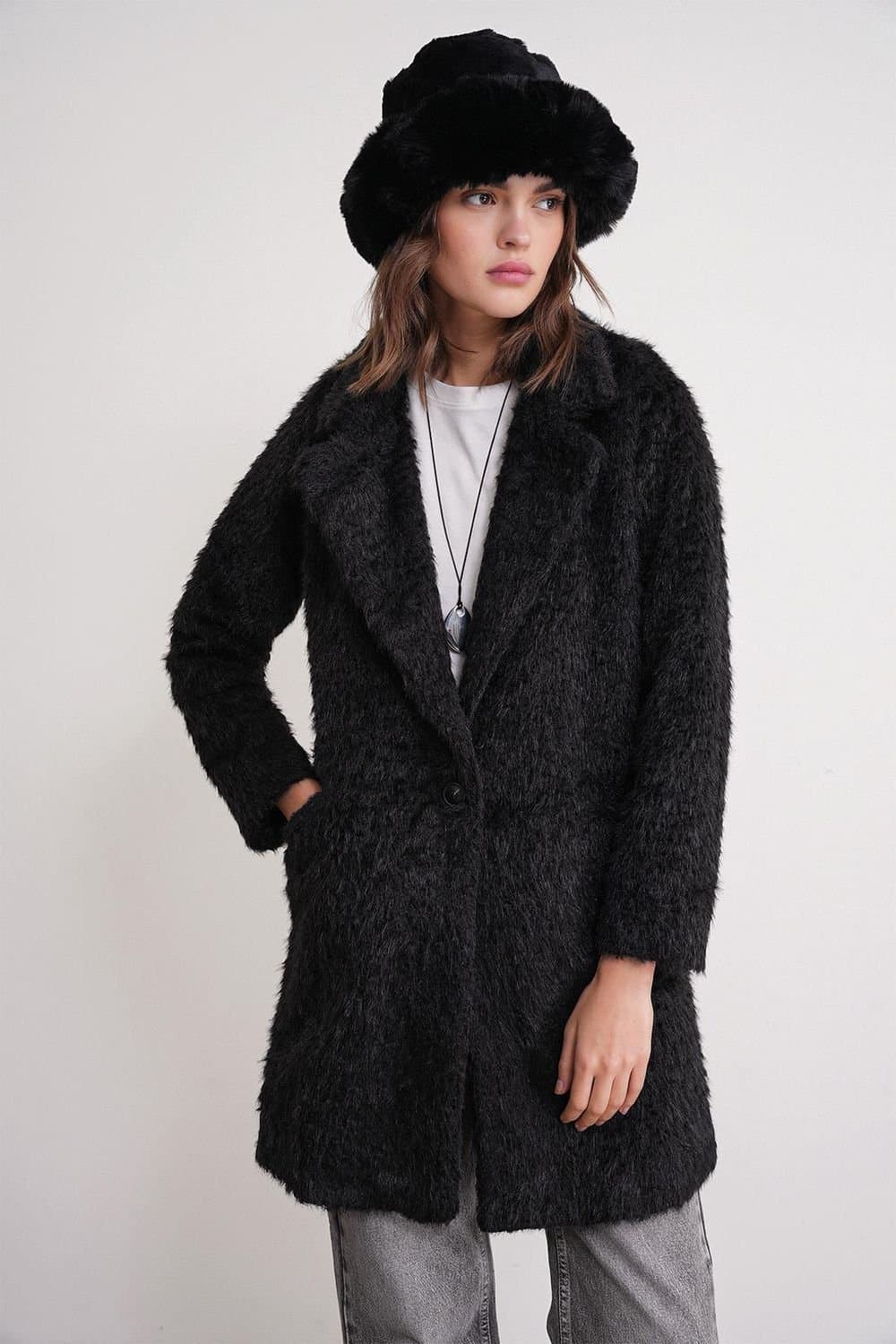 MixRay MixRay Women's Textured Long Coat with Jacket Collar in Black