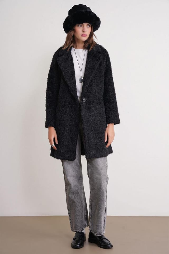 MixRay MixRay Women's Textured Long Coat with Jacket Collar in Black - 2