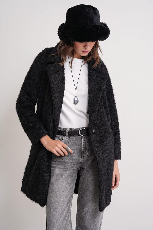 MixRay MixRay Women's Textured Long Coat with Jacket Collar in Black - 3