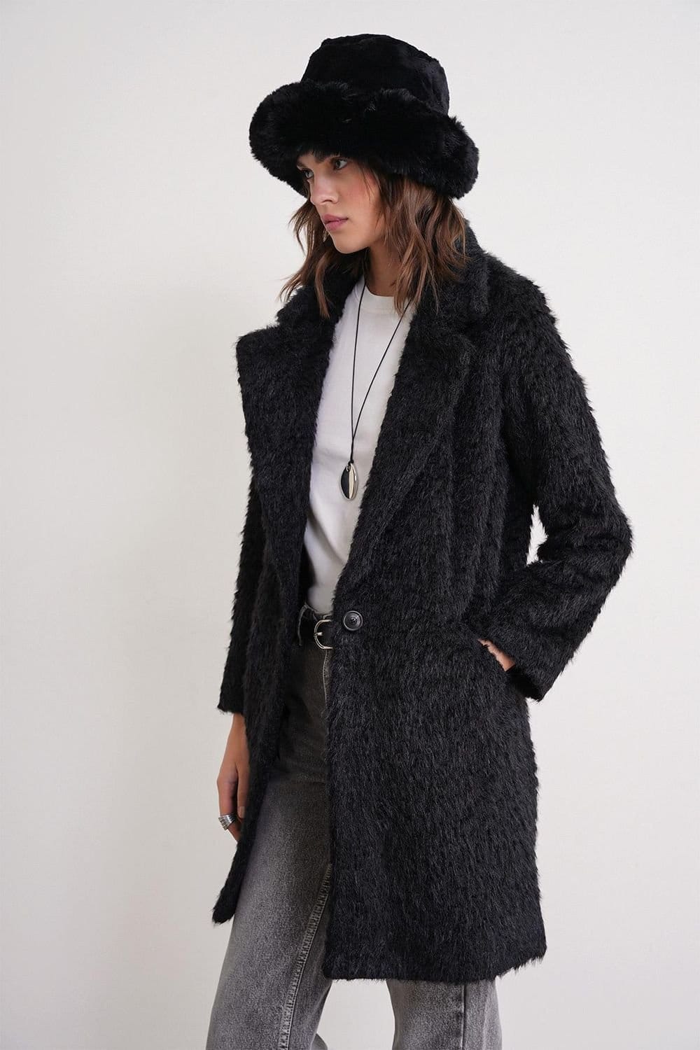 MixRay MixRay Women's Textured Long Coat with Jacket Collar in Black - 4