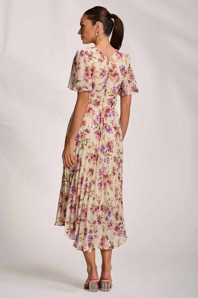 Jolie Moi Jolie Moi Women's Printed Chiffon Pleated Maxi Dress in Cream - 2