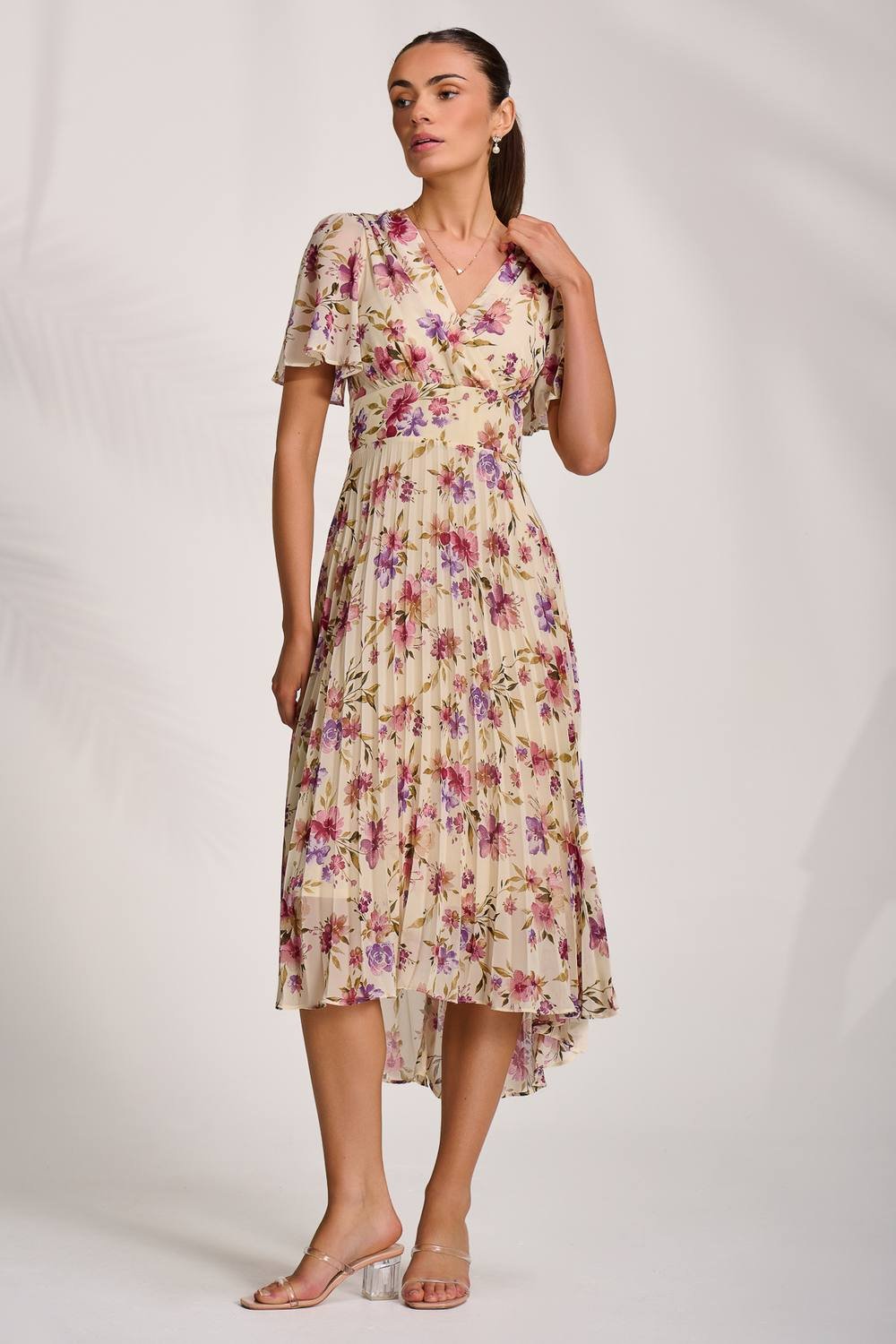 Jolie Moi Jolie Moi Women's Printed Chiffon Pleated Maxi Dress in Cream - 3