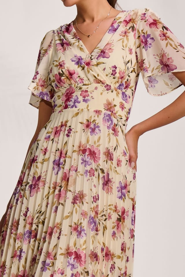 Jolie Moi Jolie Moi Women's Printed Chiffon Pleated Maxi Dress in Cream - 3
