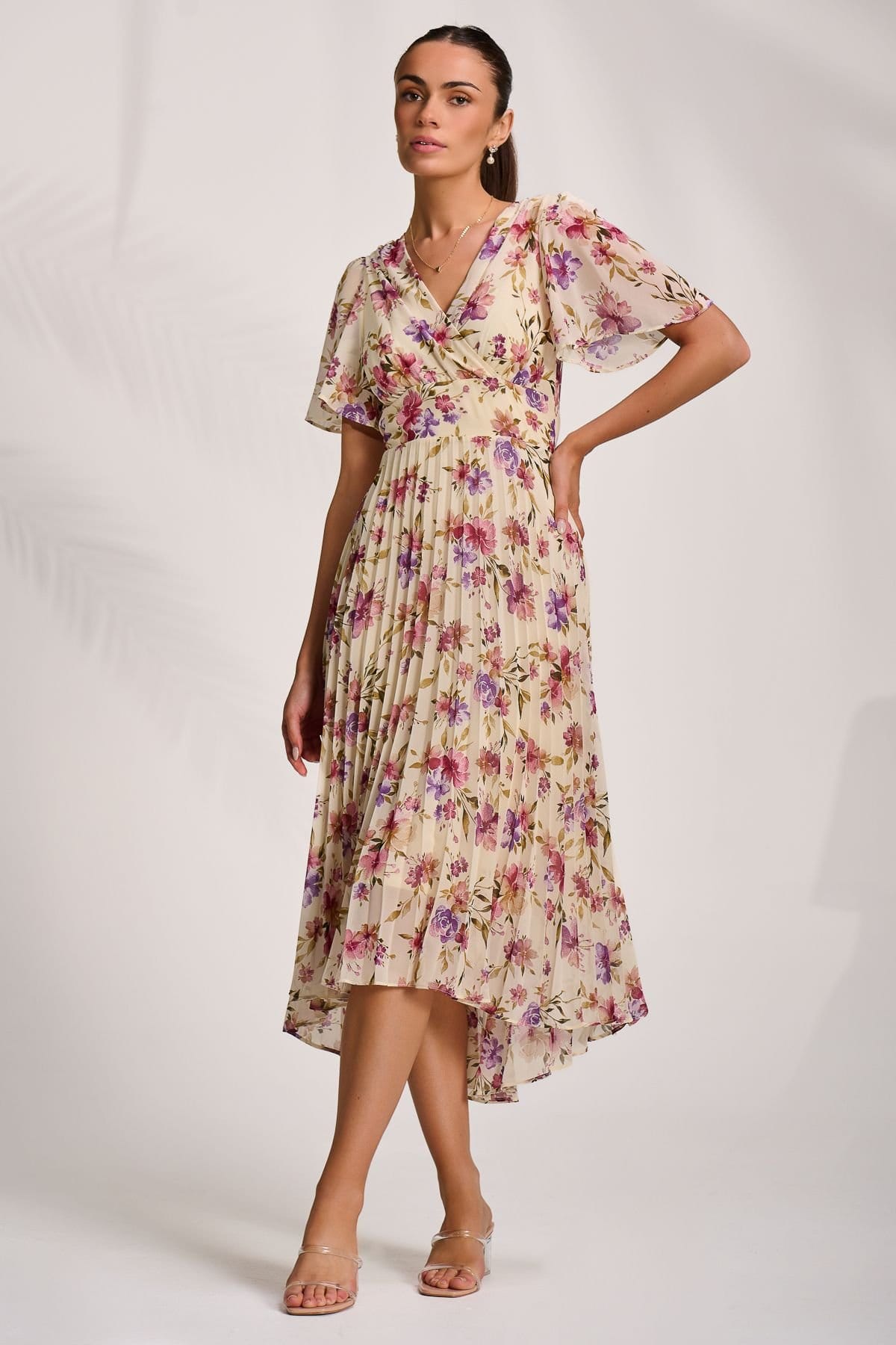 Jolie Moi Jolie Moi Women's Printed Chiffon Pleated Maxi Dress in Cream - 4