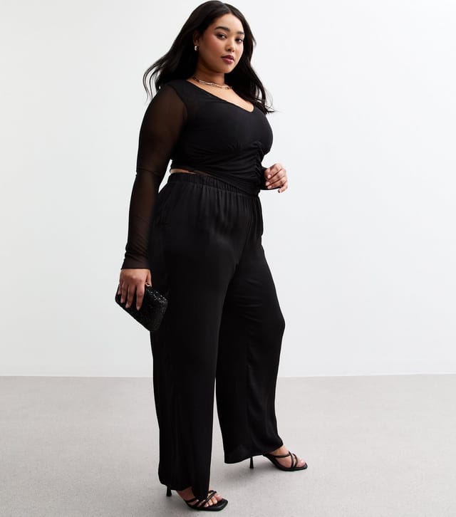 New Look Women's Plus Size Black Satin Wide Leg Trousers Curves New Look - 2