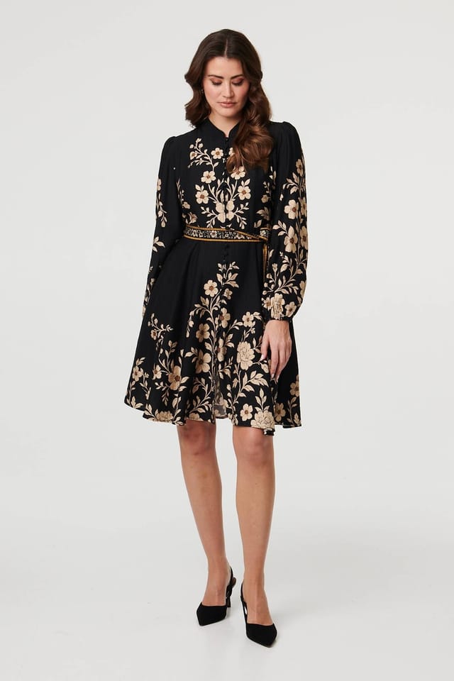 Izabel London Izabel London Women's Floral Tie Waist A-Line Knee Length Dress in Black - 2