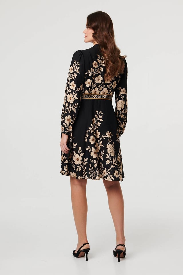 Izabel London Izabel London Women's Floral Tie Waist A-Line Knee Length Dress in Black - 3