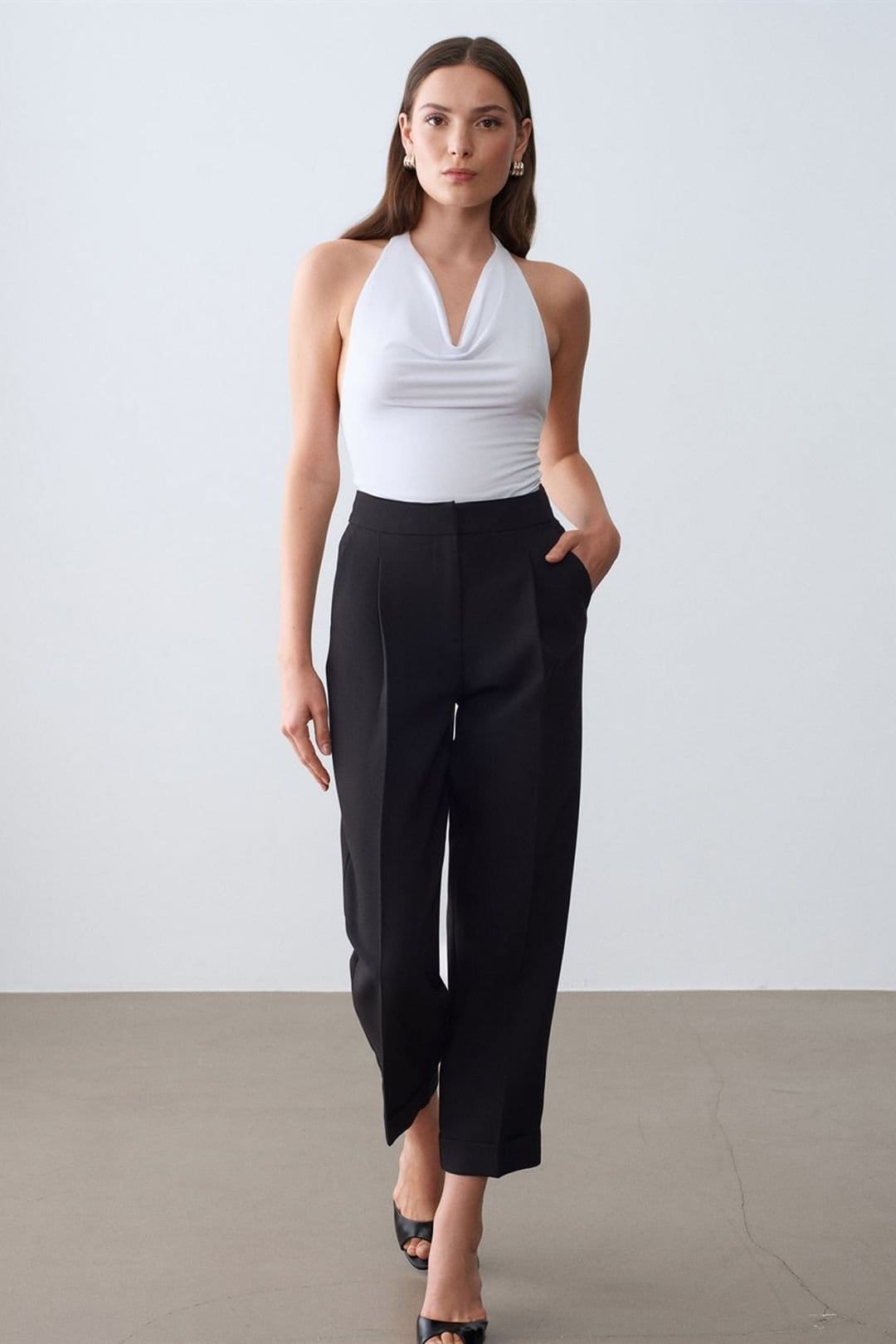 Dilvin Dilvin Women's High-waist Straight-leg Tailored Trousers in Black - 4