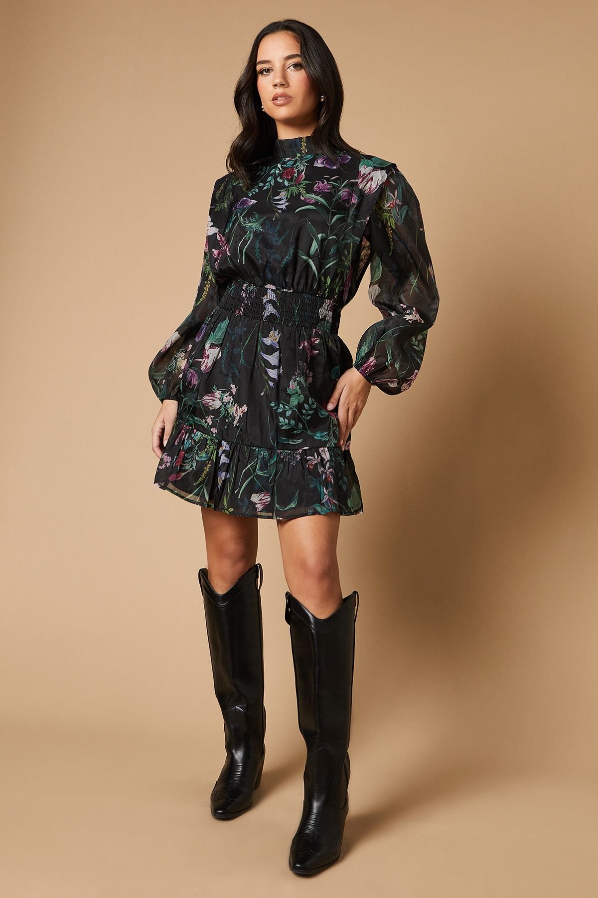 Oasis Oasis Women's Border Print Organza Shirred Waist Tie Back Mini Dress in Black - 2