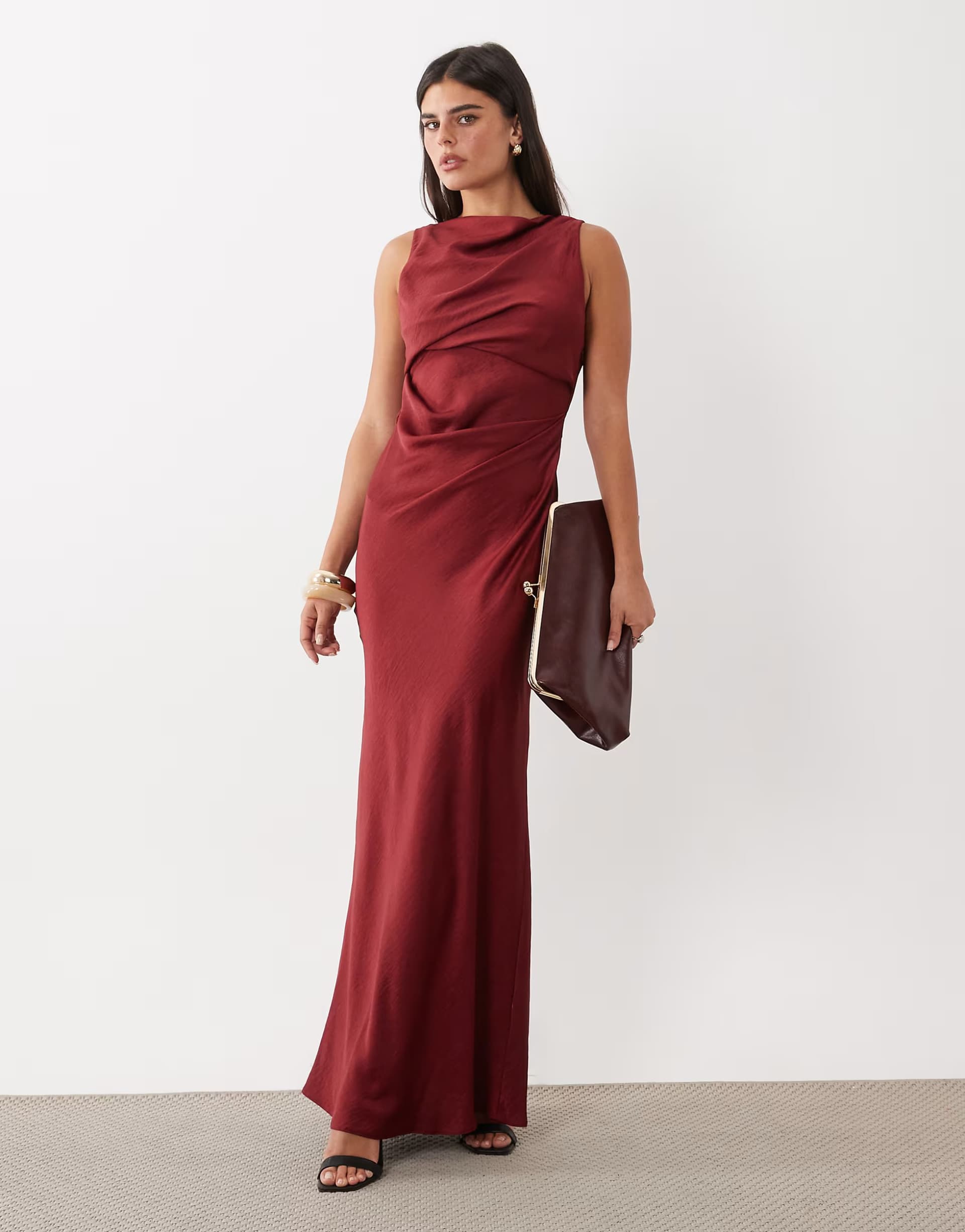 ASOS ASOS DESIGN satin drape bodice maxi dress with cowl back detail in red
