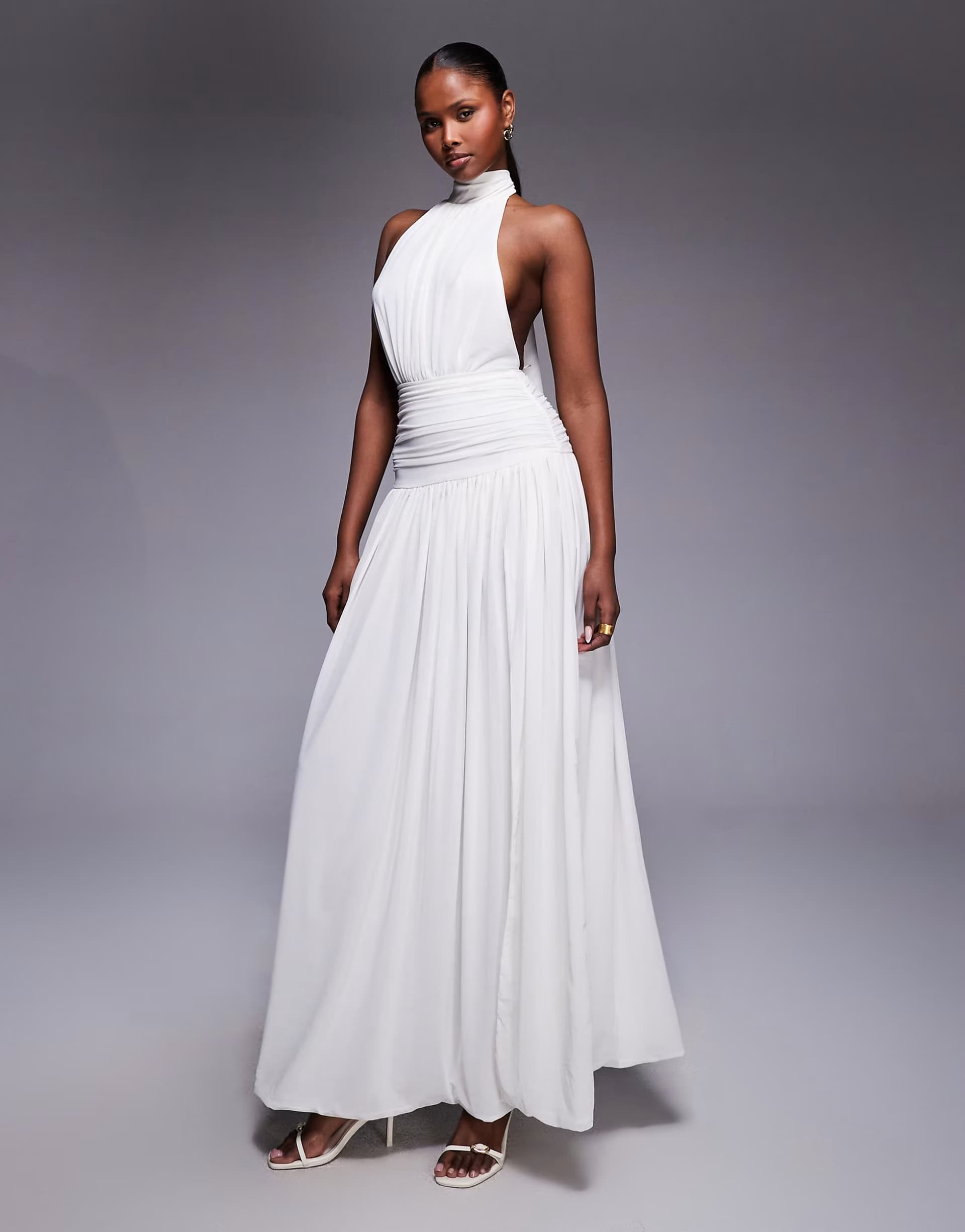 ASOS Heiress Beverly Hills high neck halterneck tie back ruched dropped waist open back maxi dress in cream