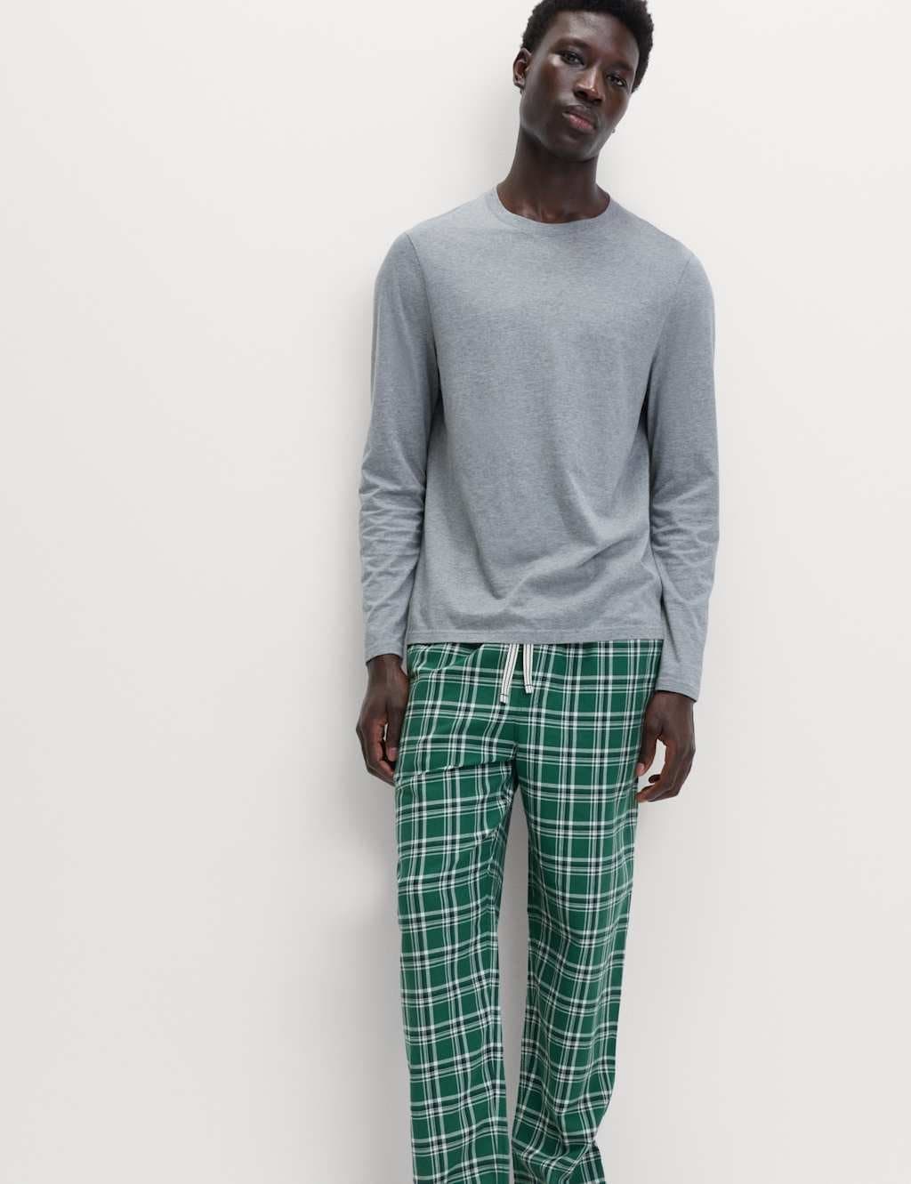 Marks & Spencer M&S Pure Cotton Checked Loungewear Bottoms Green Mix