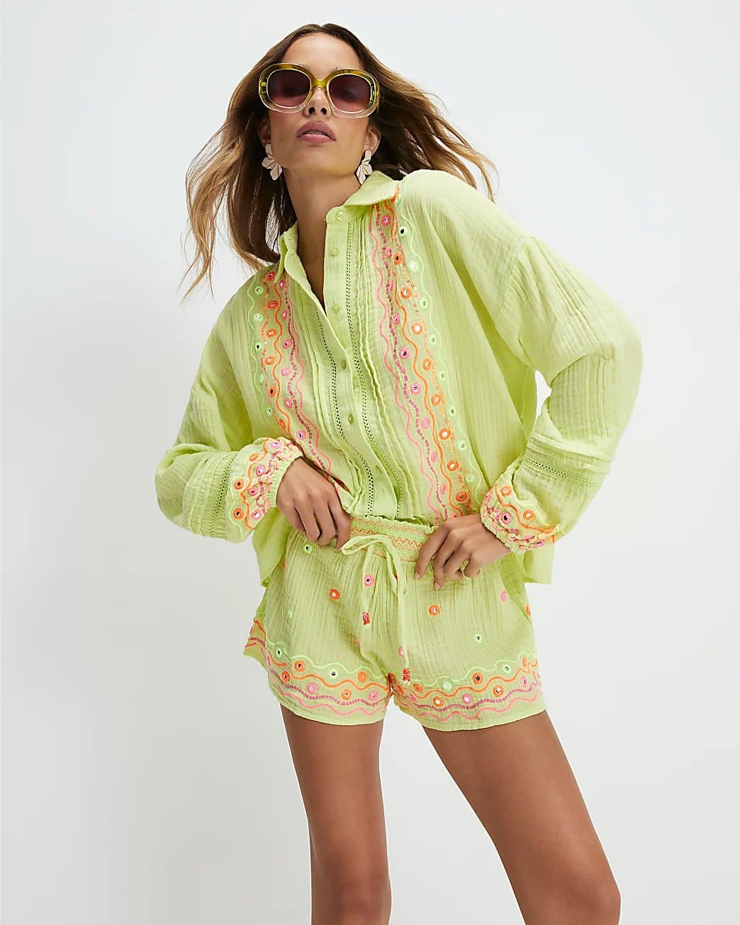 River Island River Island Womens Green Cotton Mirror Embroidered Shorts
