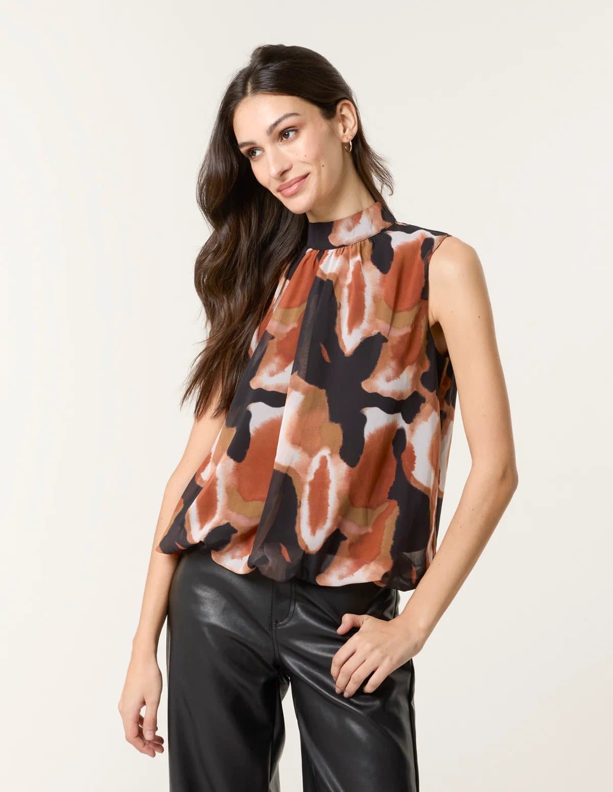 Blue Vanilla Printed Sleeveless Puff Hem Blouse
