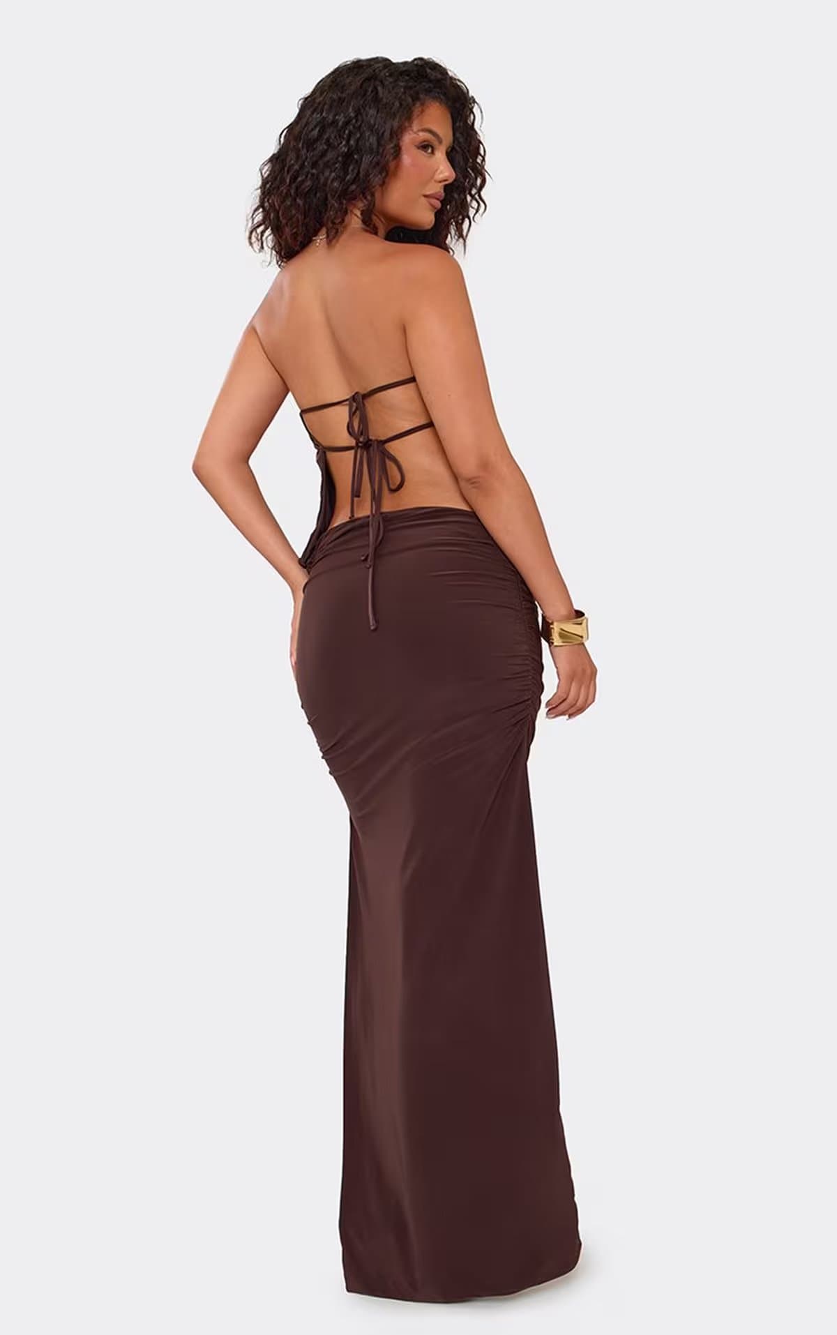 EGO Bandeau Cut Out Drape Front Open Tie Back Maxi Dress In Chocolate Brown, Women's Size UK 6