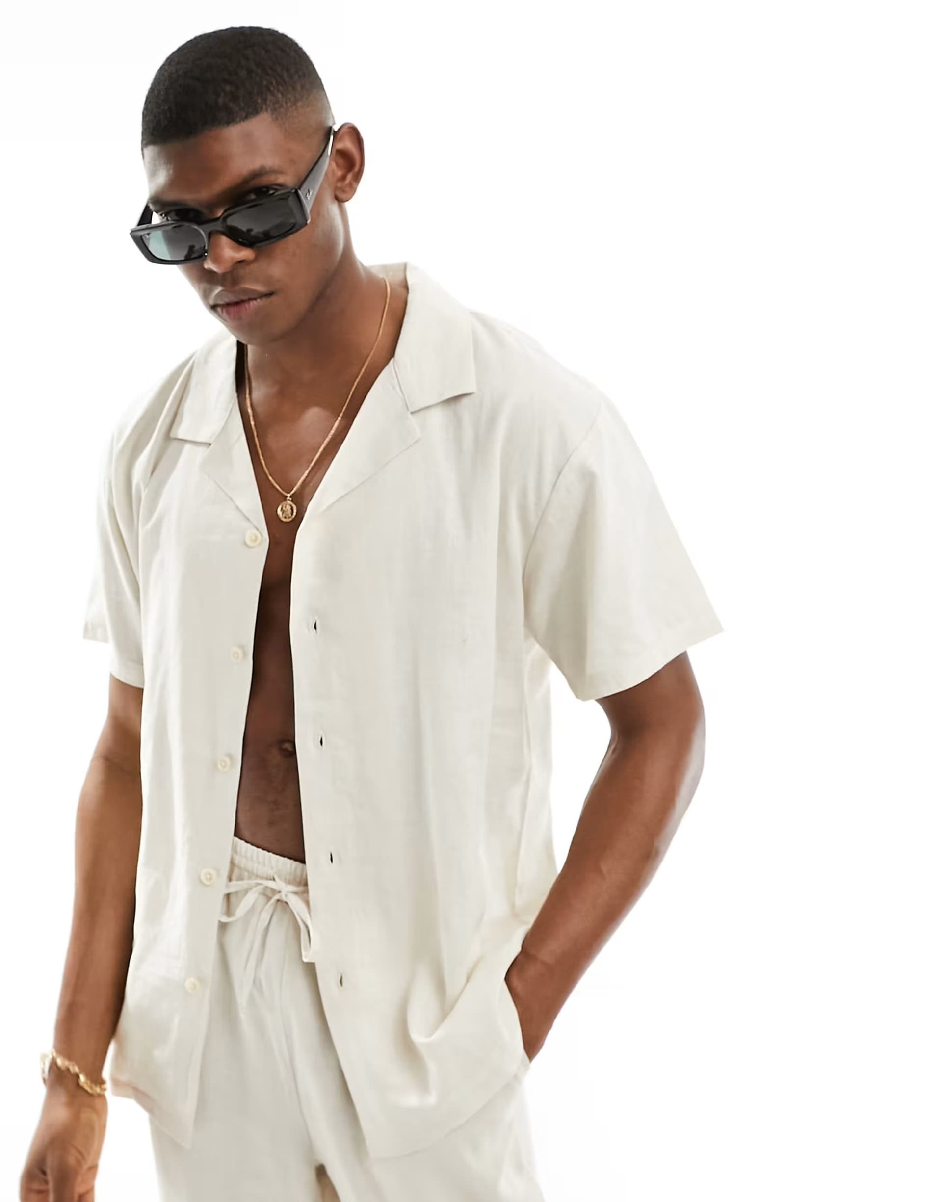 ASOS South Beach short sleeve linen blend beach shirt in sand