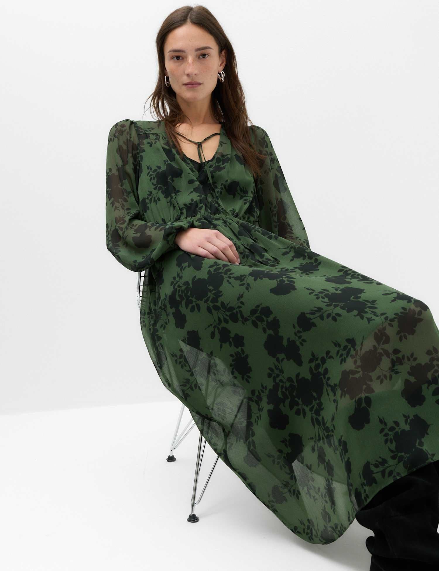 Marks & Spencer M&S Chiffon Floral V Neck Midaxi Waisted Dress Green Mix