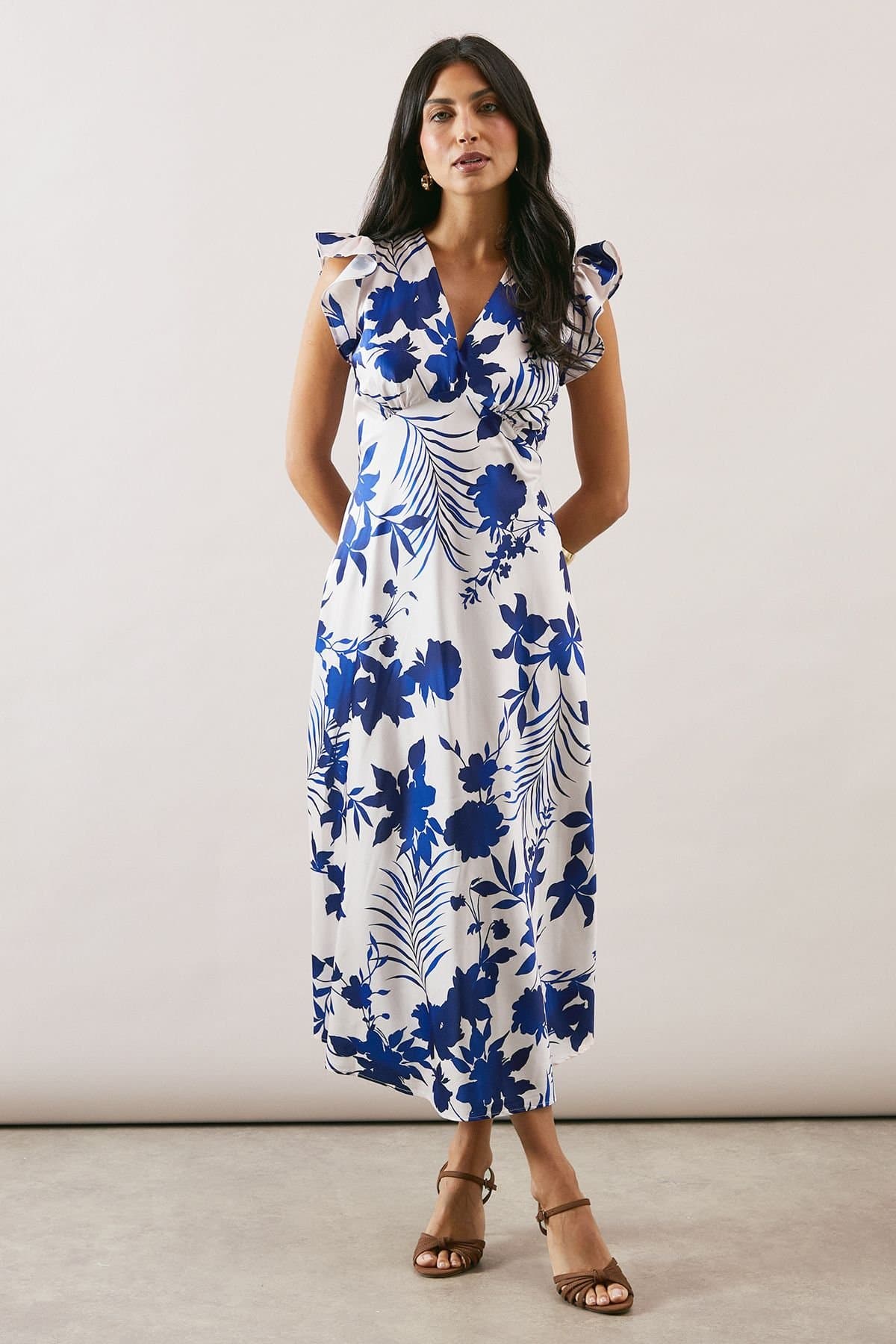 Wallis Wallis Women's Floral Print Bias Cut Satin V Neck Dress in Ivory