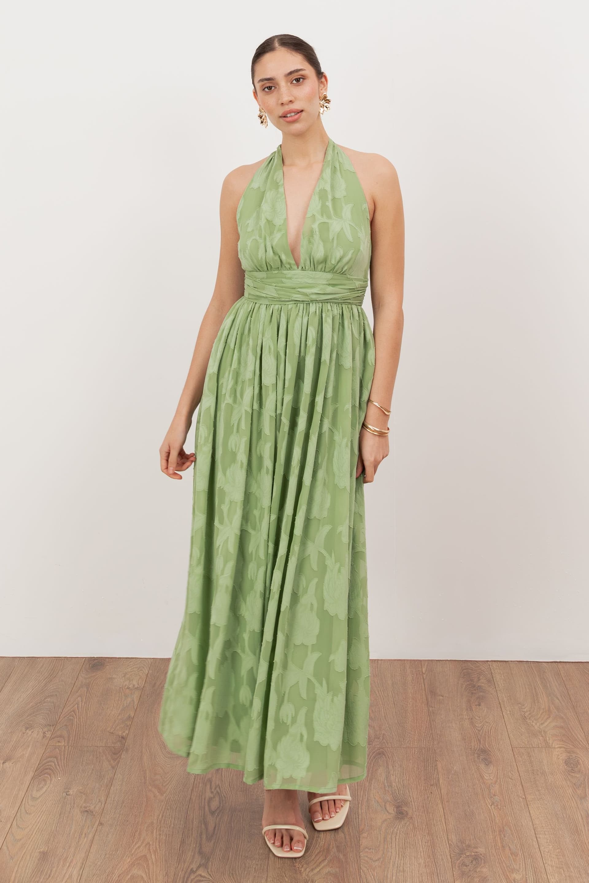 Anaya with Love Anaya with Love Women's Floral Burnout Halter Neck Midaxi Dress in Green