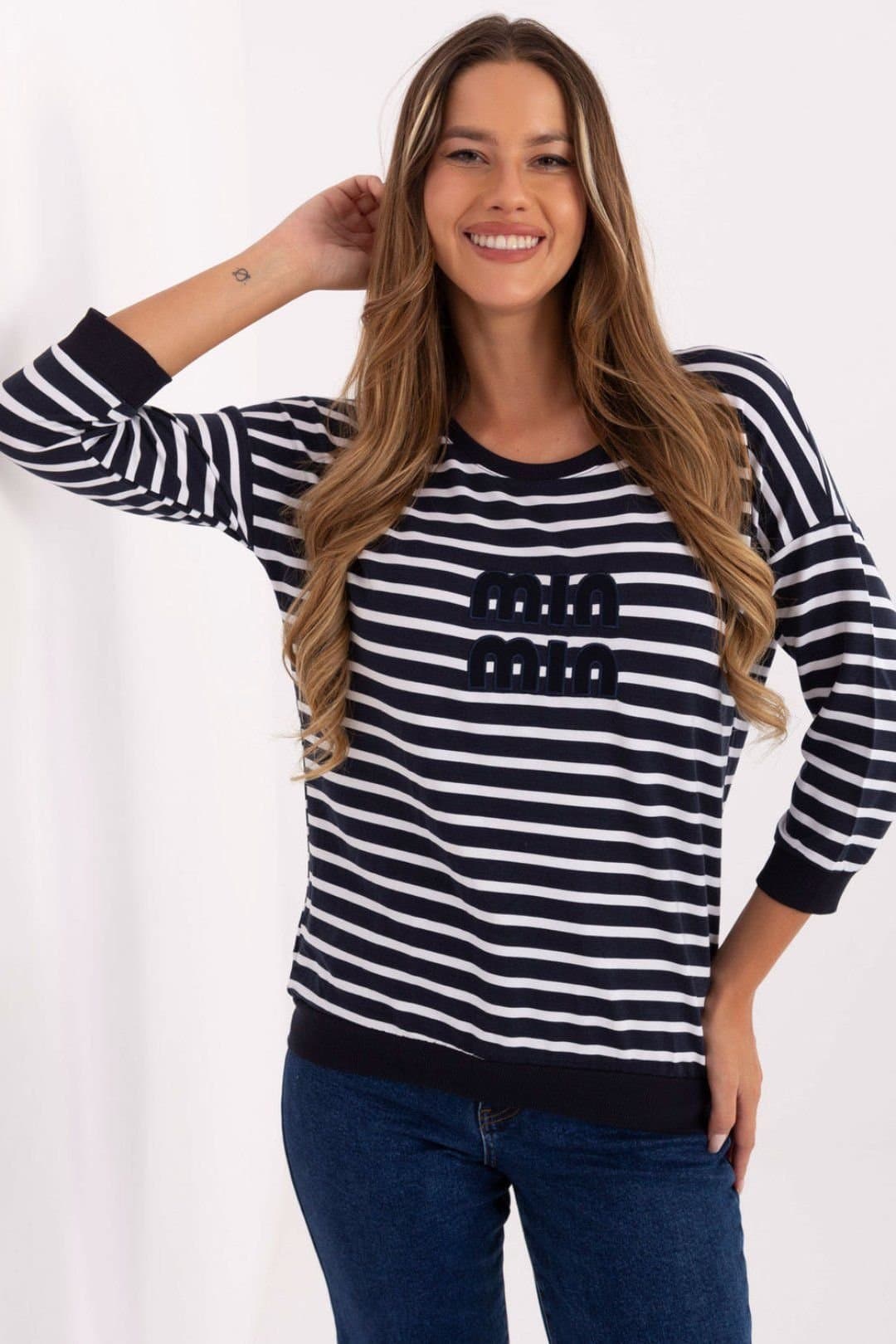 Love Lace Love Lace Women's Micromodal Round Neck Casual Blouse with Stripe in Navy
