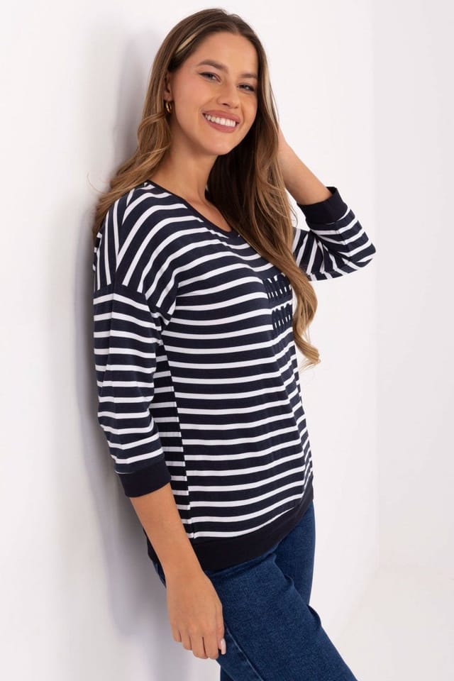 Love Lace Love Lace Women's Micromodal Round Neck Casual Blouse with Stripe in Navy - 2