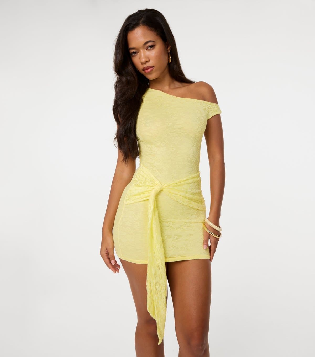 Pink Vanilla Women's Light Yellow Tie Front Lace Asymmetric Mini Dress Pink Vanilla New Look