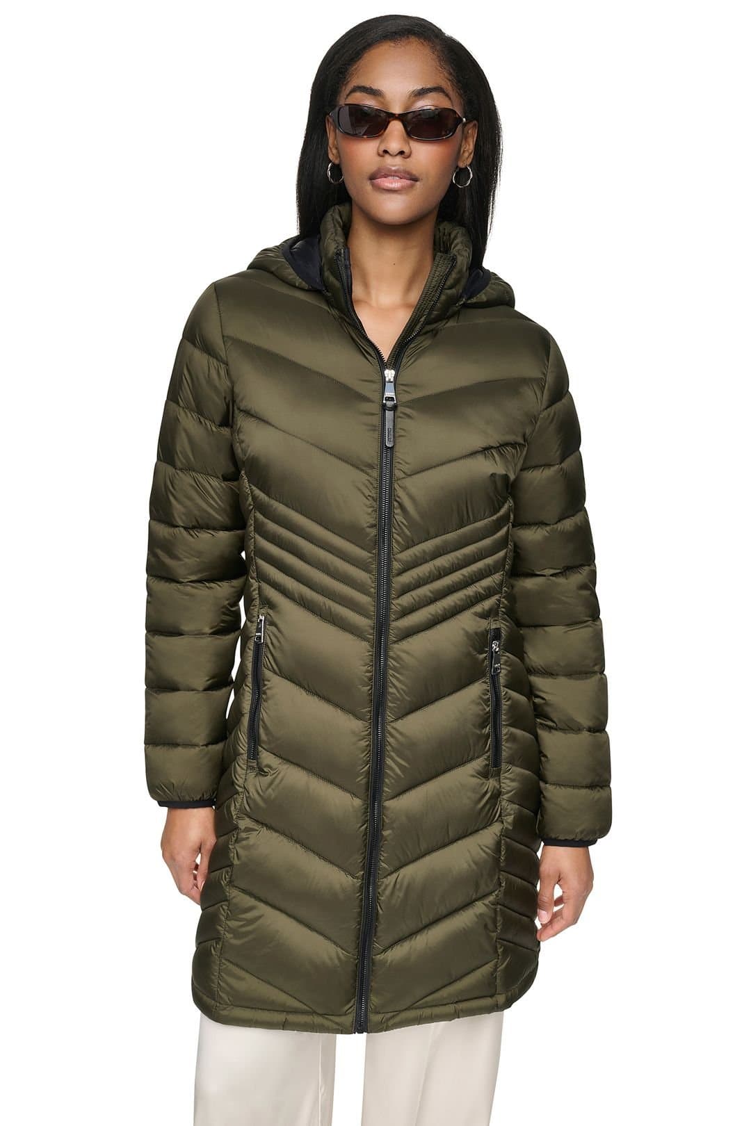 DKNY DKNY Women's Long Lightweight Puffer Jacket With Hood Loden in Khaki