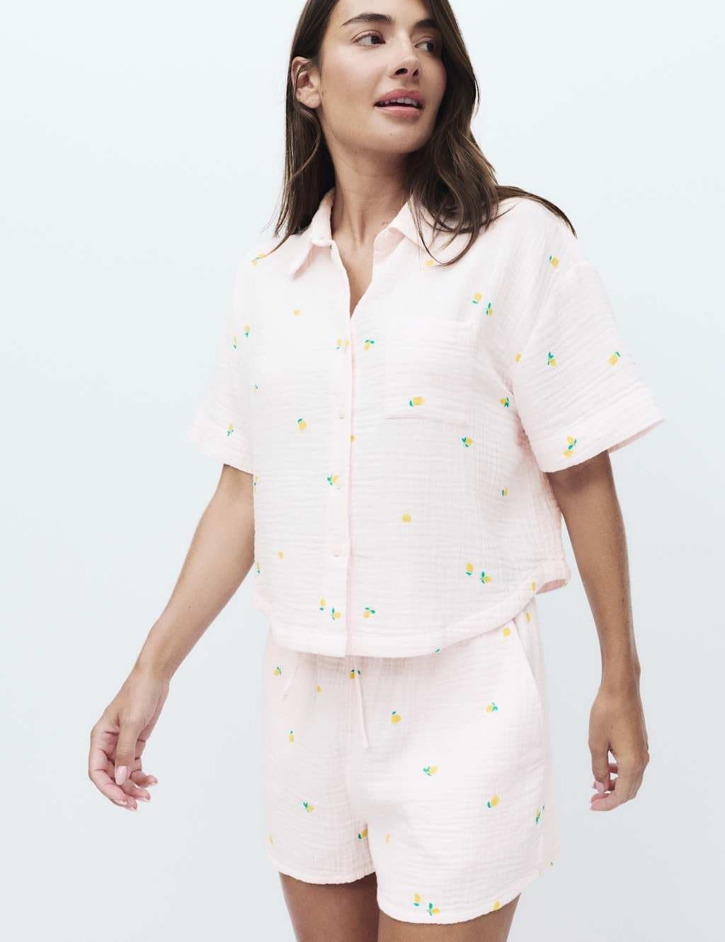 Marks & Spencer M&S Pure Cotton Muslin Printed Shortie Set Pink Mix