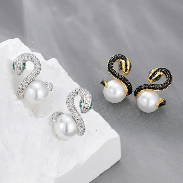 Angel Barocco Angel Barocco Women's Snake Pearl Earrings - Gothic Glamour in Gold & Silver - 2