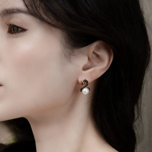 Angel Barocco Angel Barocco Women's Snake Pearl Earrings - Gothic Glamour in Gold & Silver - 3