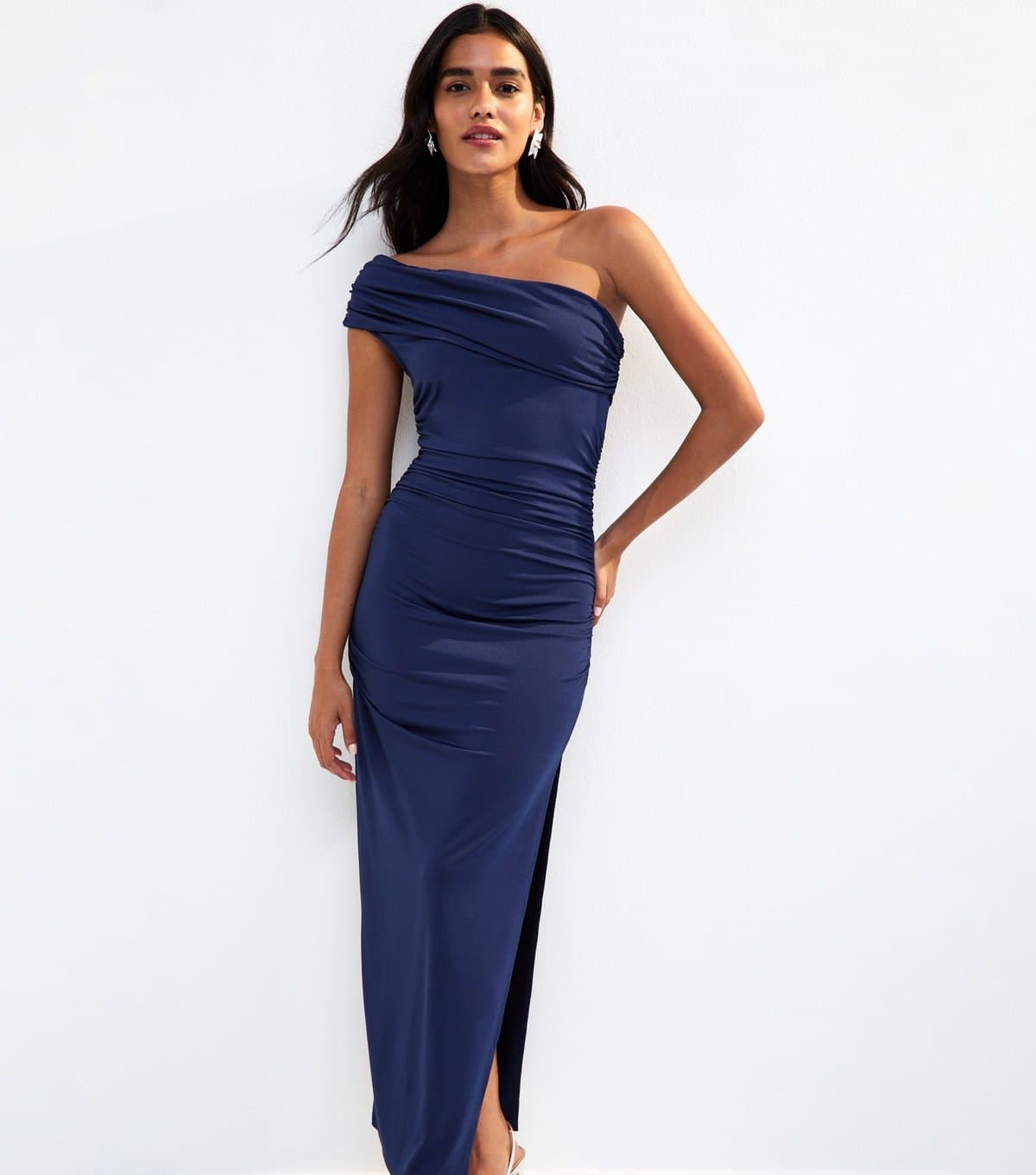 New Look Women's Navy Ruched One Shoulder Slit Hem Midi Dress New Look