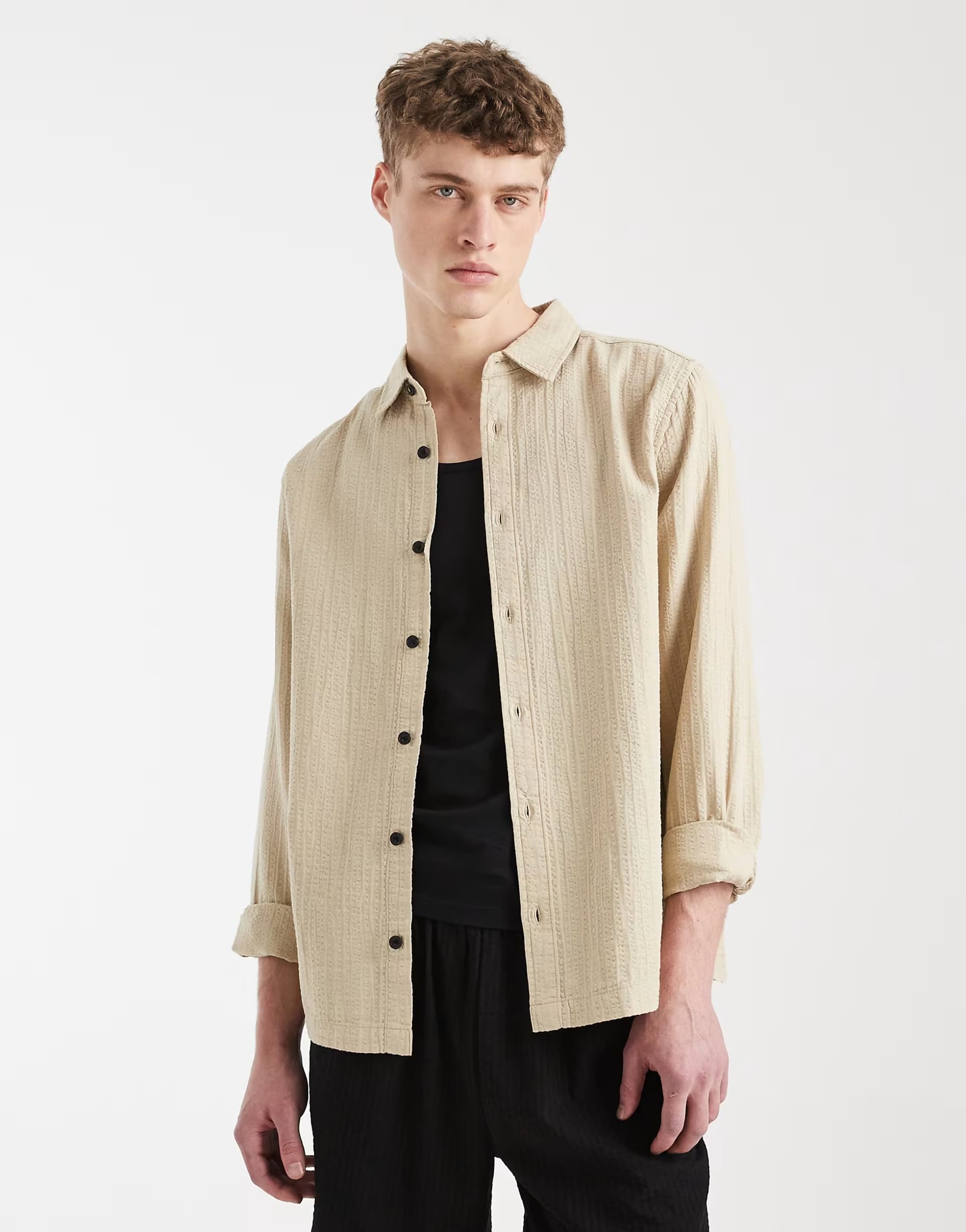 ASOS ASOS Textured Long Sleeve Shirt in Beige