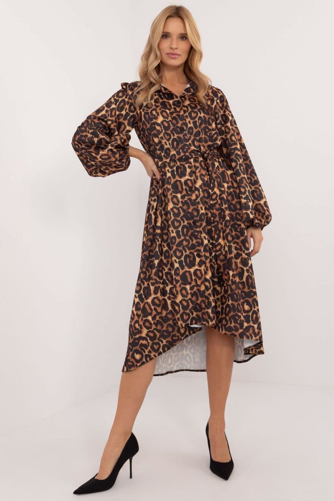 Love Lace Love Lace Women's Midi Shirt Dress with Animal Print Belt in Brown