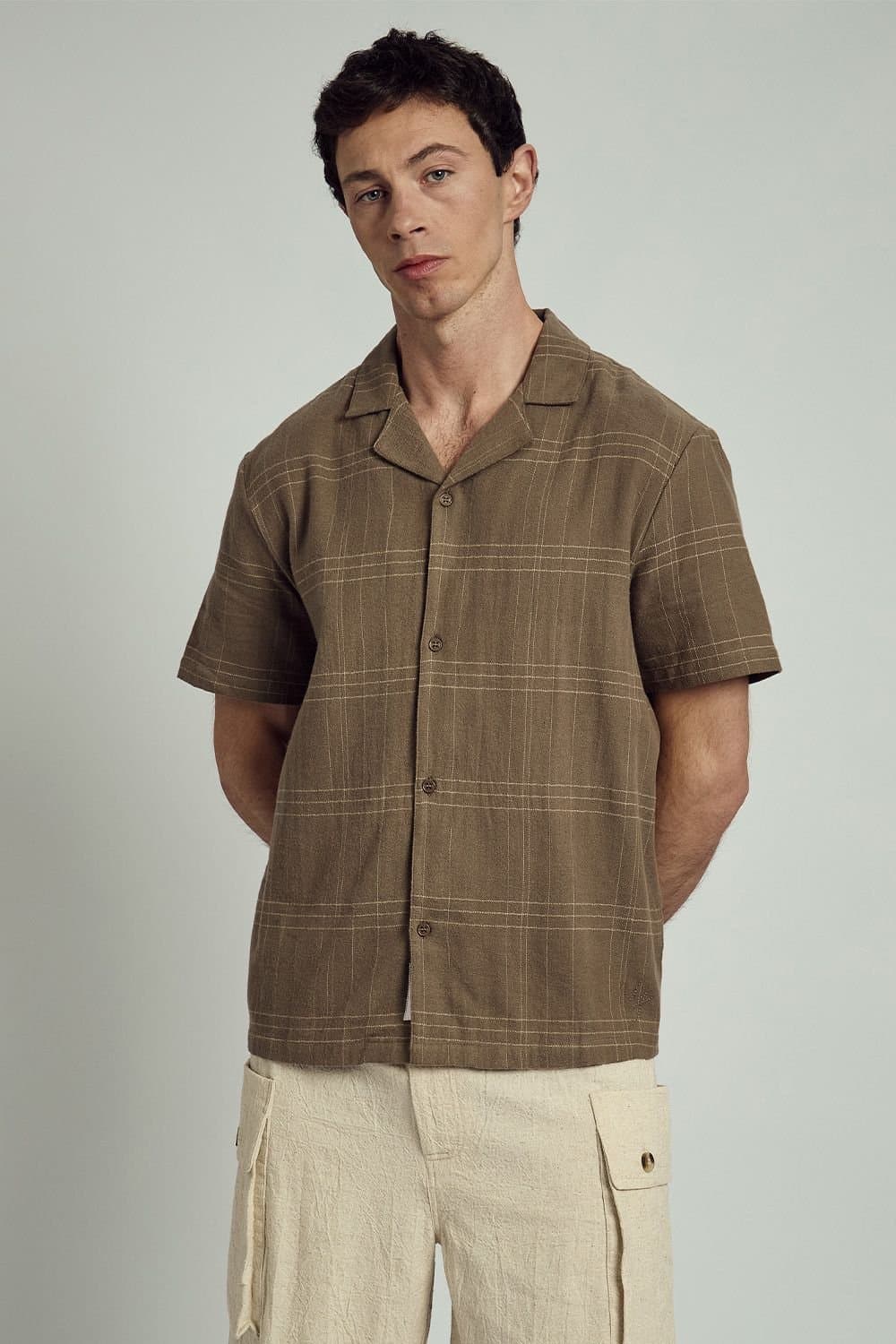 Native Youth Native Youth Men's Cotton Short Sleeve Check Revere Collar Shirt in Brown