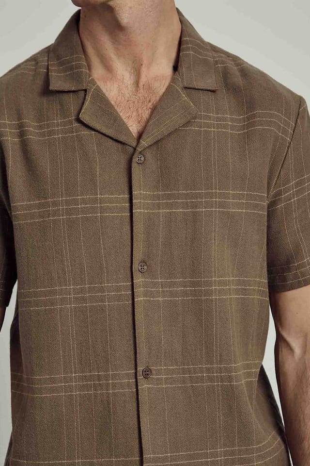 Native Youth Native Youth Men's Cotton Short Sleeve Check Revere Collar Shirt in Brown - 3