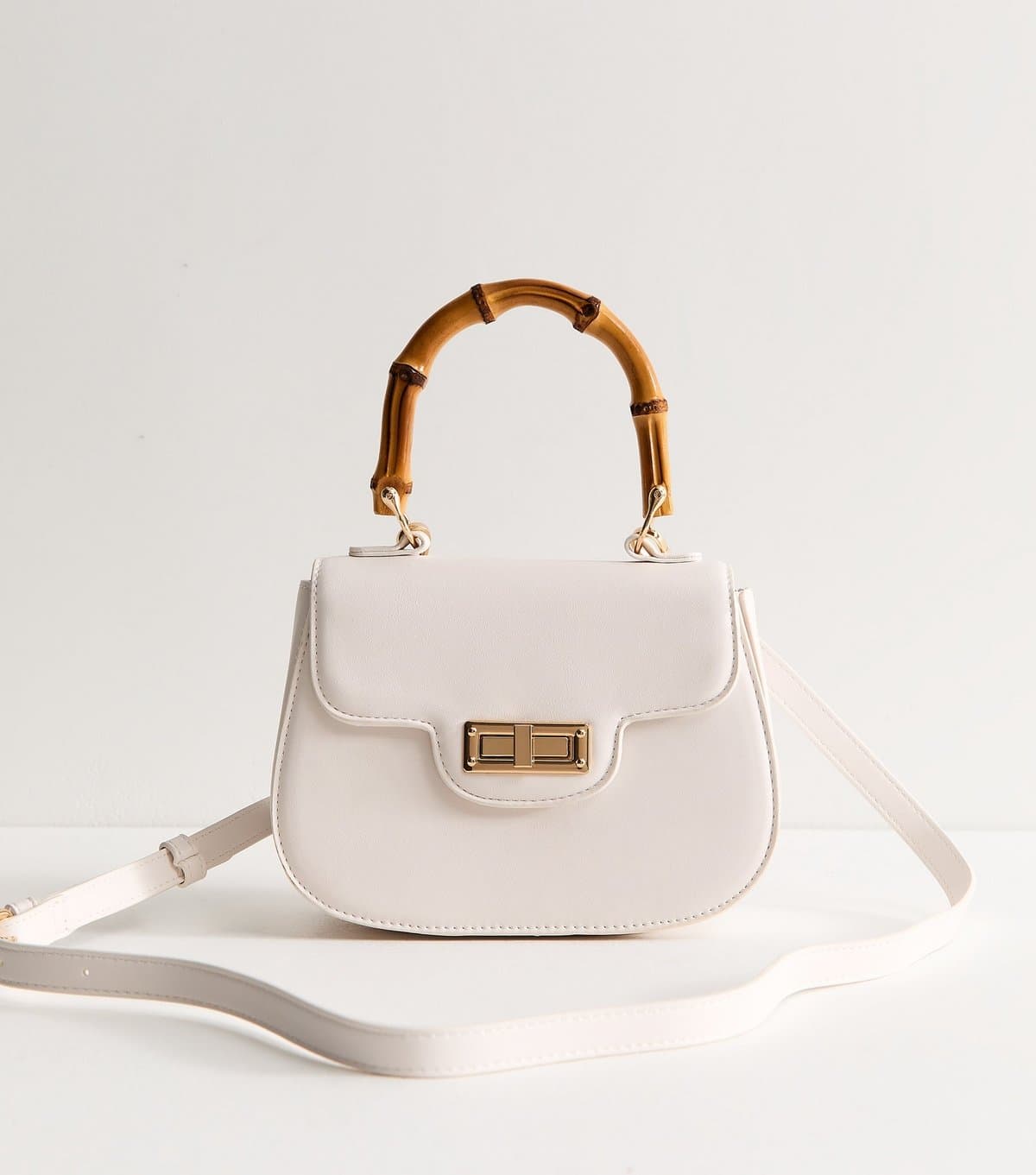 New Look Cream Faux Leather Bamboo Top Handle Saddle Bag Vegan New Look