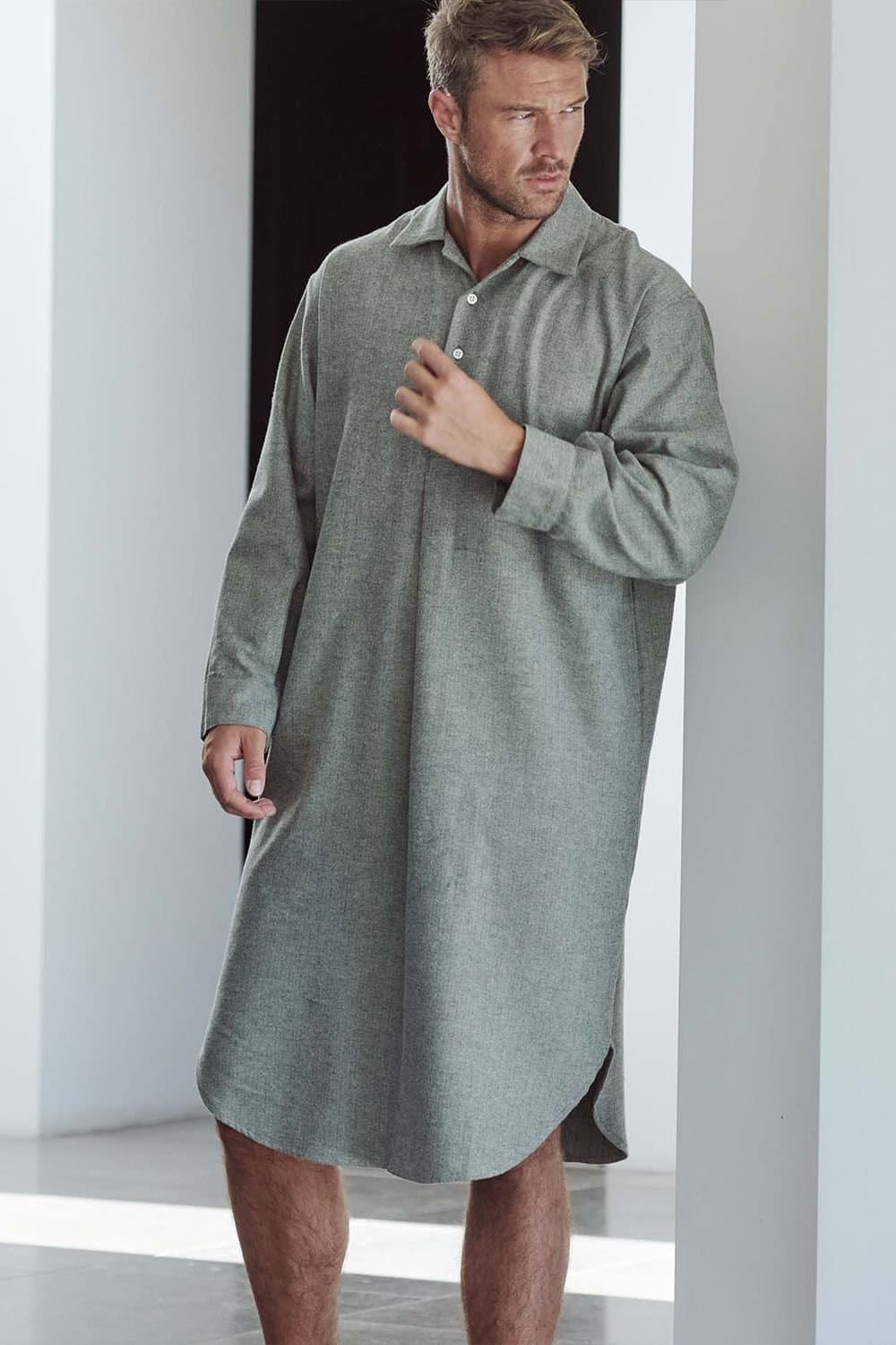 British Boxers British Boxers Men's 'Whitby Jet' Herringbone Brushed Cotton Nightshirt in Dark Grey