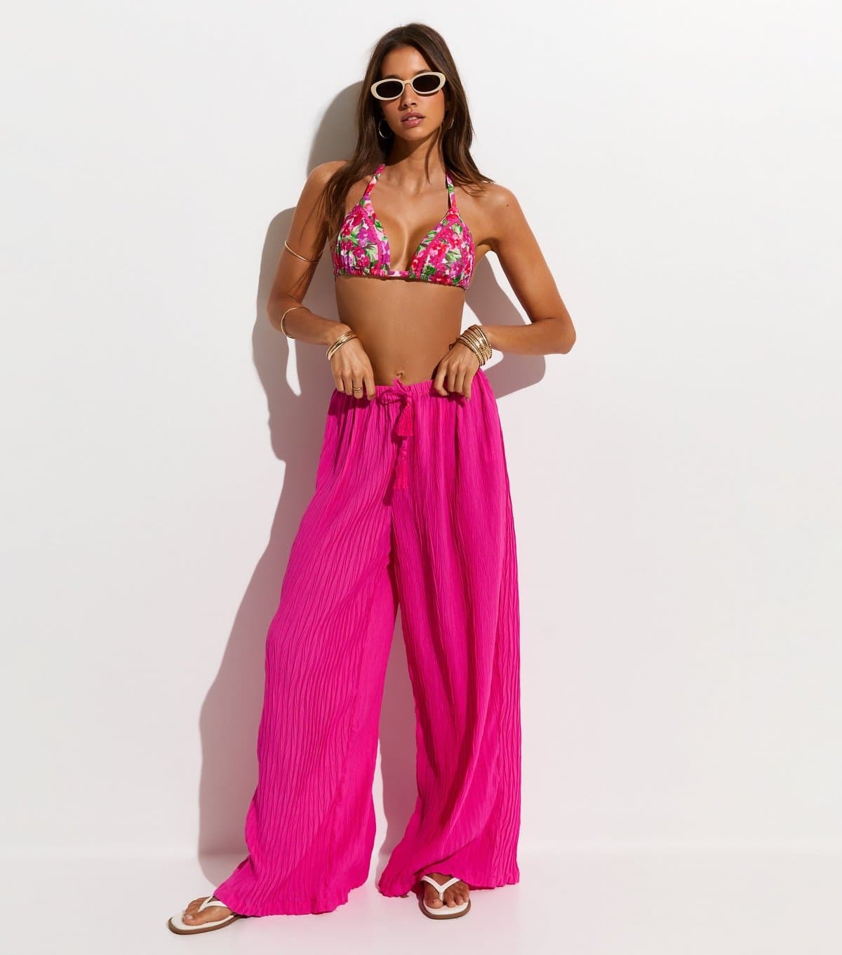New Look Women's Pink and Green Floral Triangle Bikini Top New Look