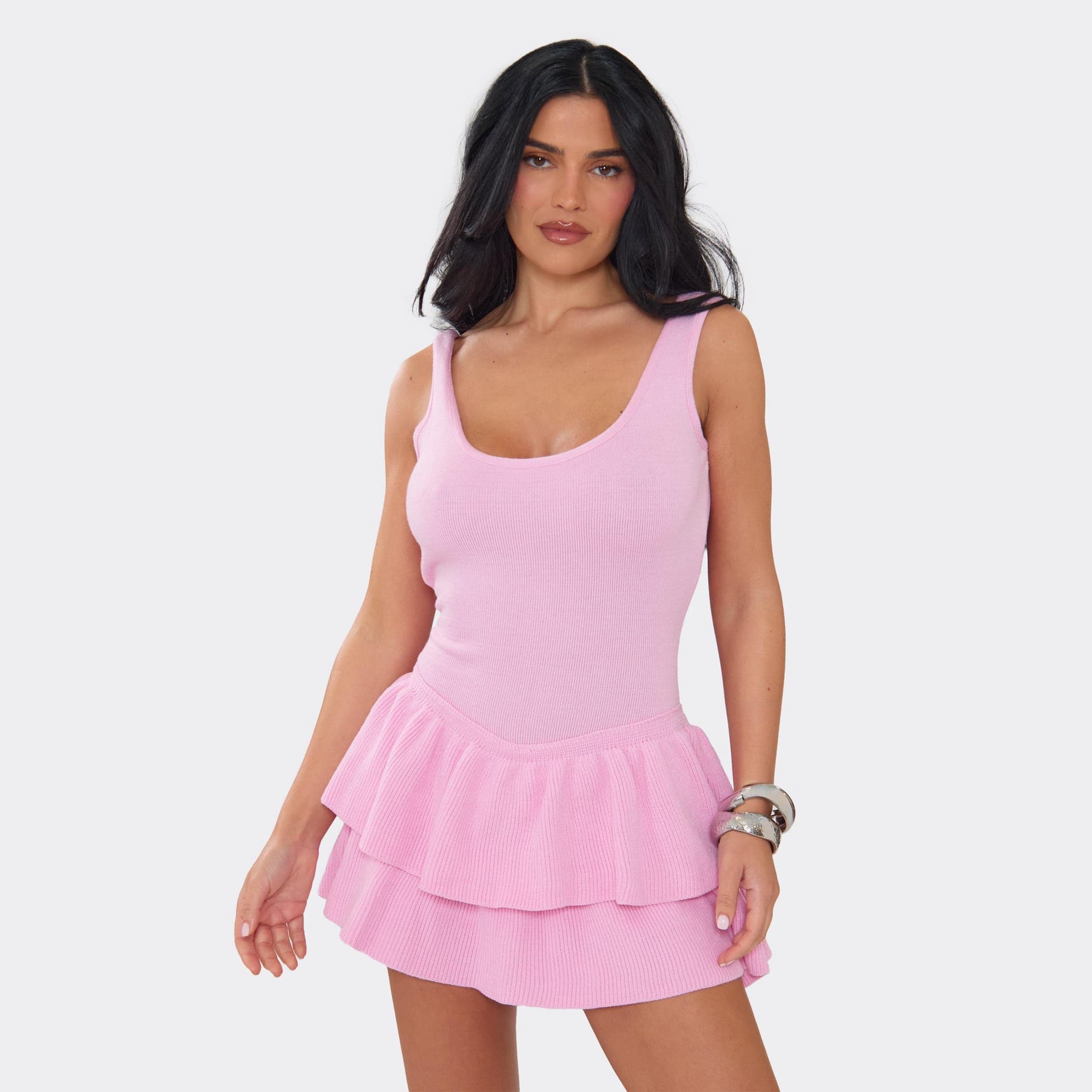 EGO Scoop Neck Tiered Ruffle Detail Playsuit In Baby Pink Knit, Women's Size UK L