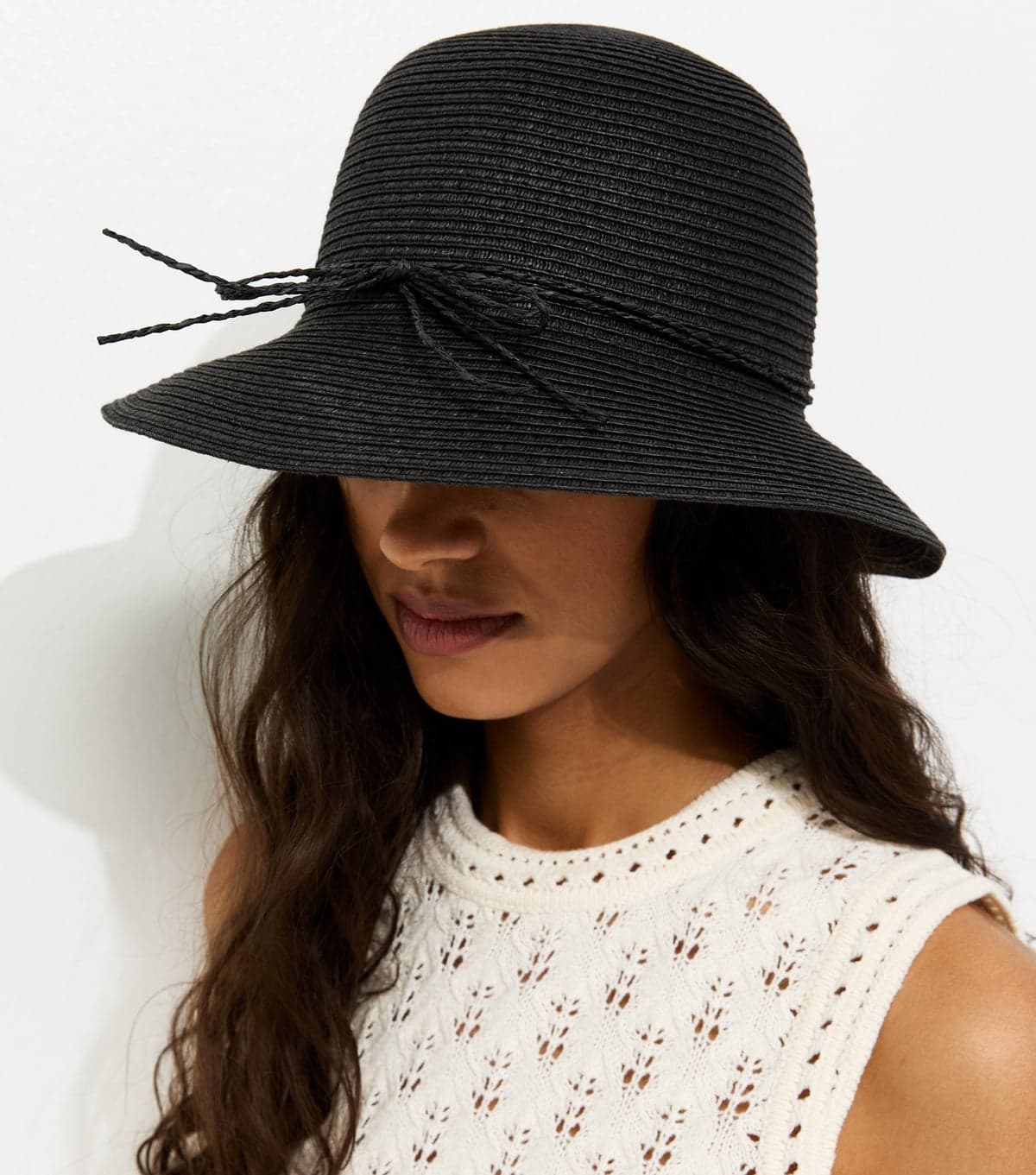 New Look New Look Black Straw Bow Bucket Hat