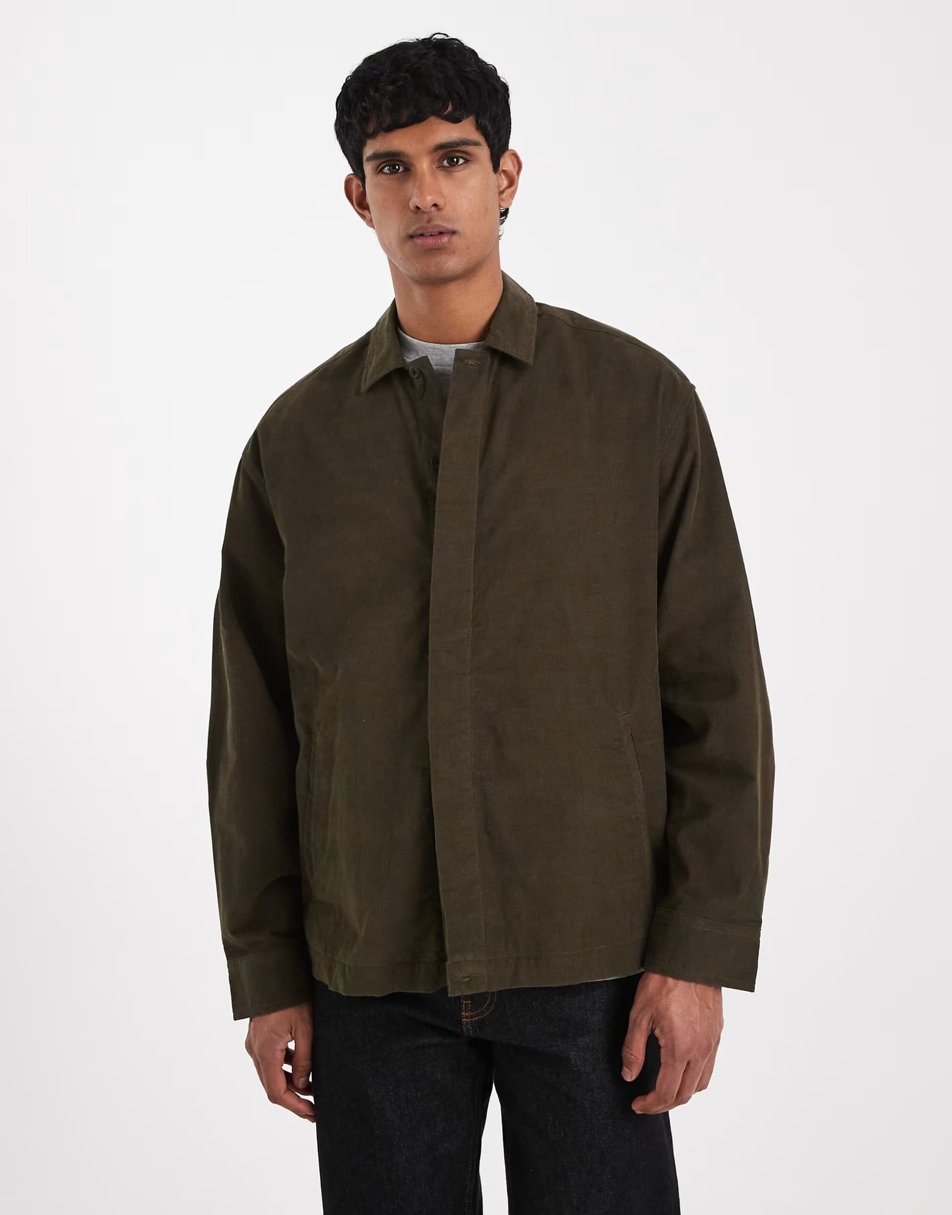 ASOS ASOS DESIGN cord overshirt with concealed buttons in dark khaki