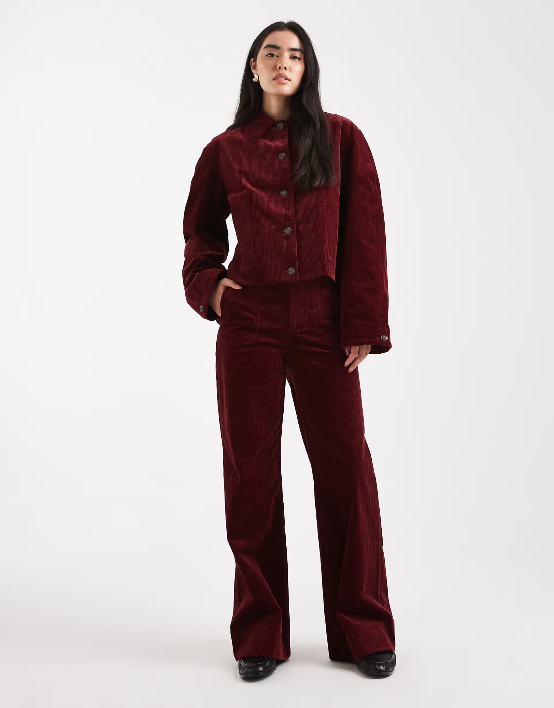 ASOS ASOS DESIGN wide leg pocket detail cord trousers in burgundy