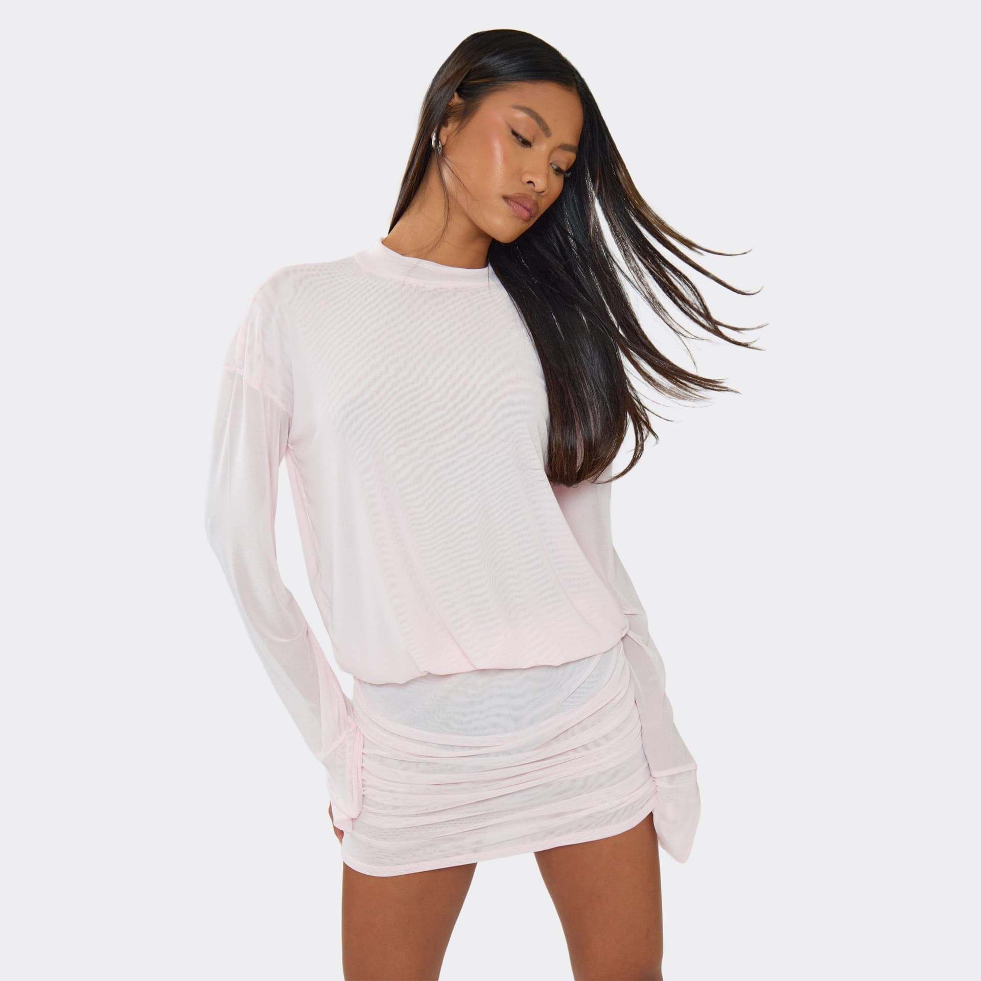 EGO Long Sleeve Ruched Detail Blouson Mini Dress In Pink, Women's Size UK 6