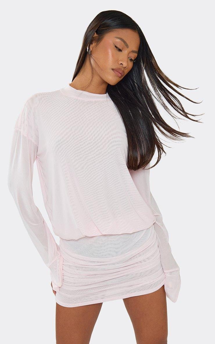 EGO Long Sleeve Ruched Detail Blouson Mini Dress In Pink, Women's Size UK 6 - 2