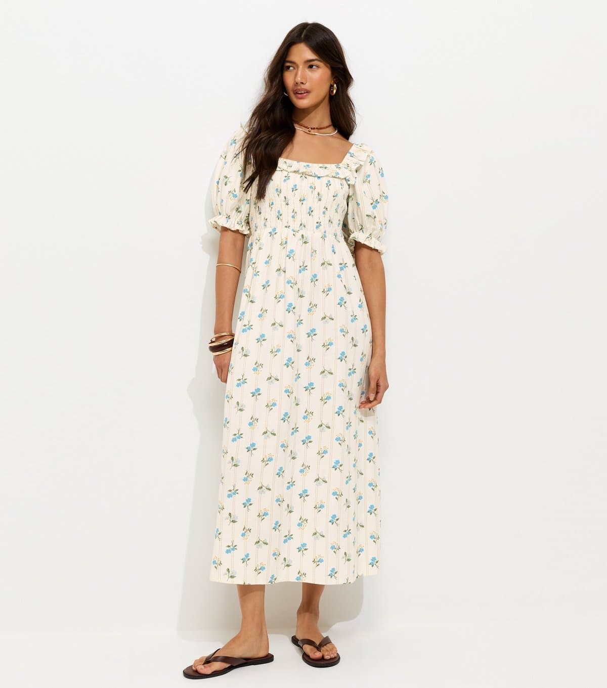 New Look Women's Cream Floral Print Shirred Frill Trim Midi Dress New Look