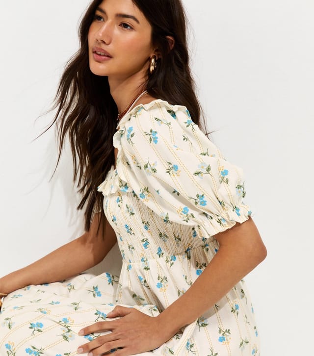 New Look Women's Cream Floral Print Shirred Frill Trim Midi Dress New Look - 2
